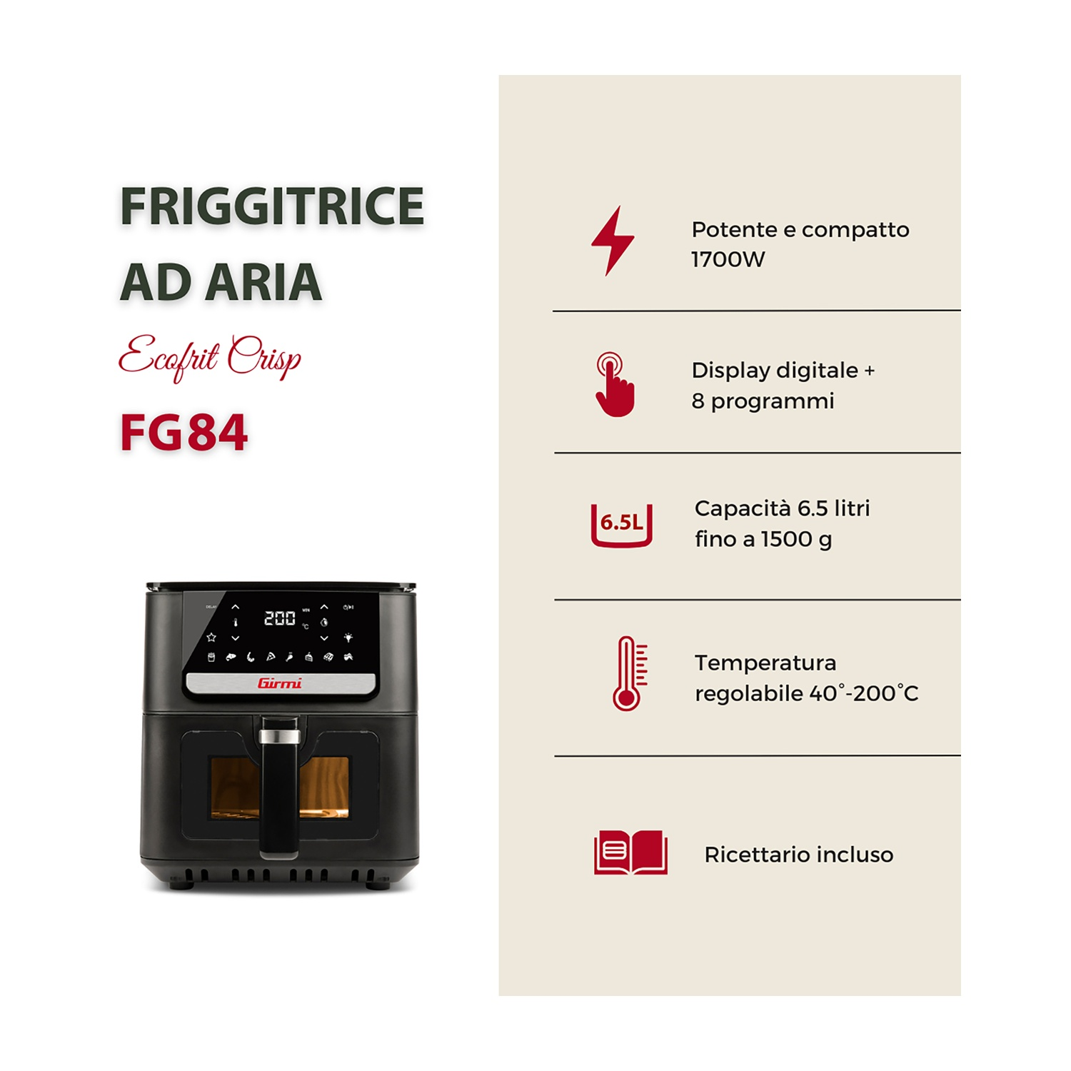 Una friggitrice ad aria con display digitale, corpo nero e dettagli testuali laterali. Include controllo temperatura e ricettario.
