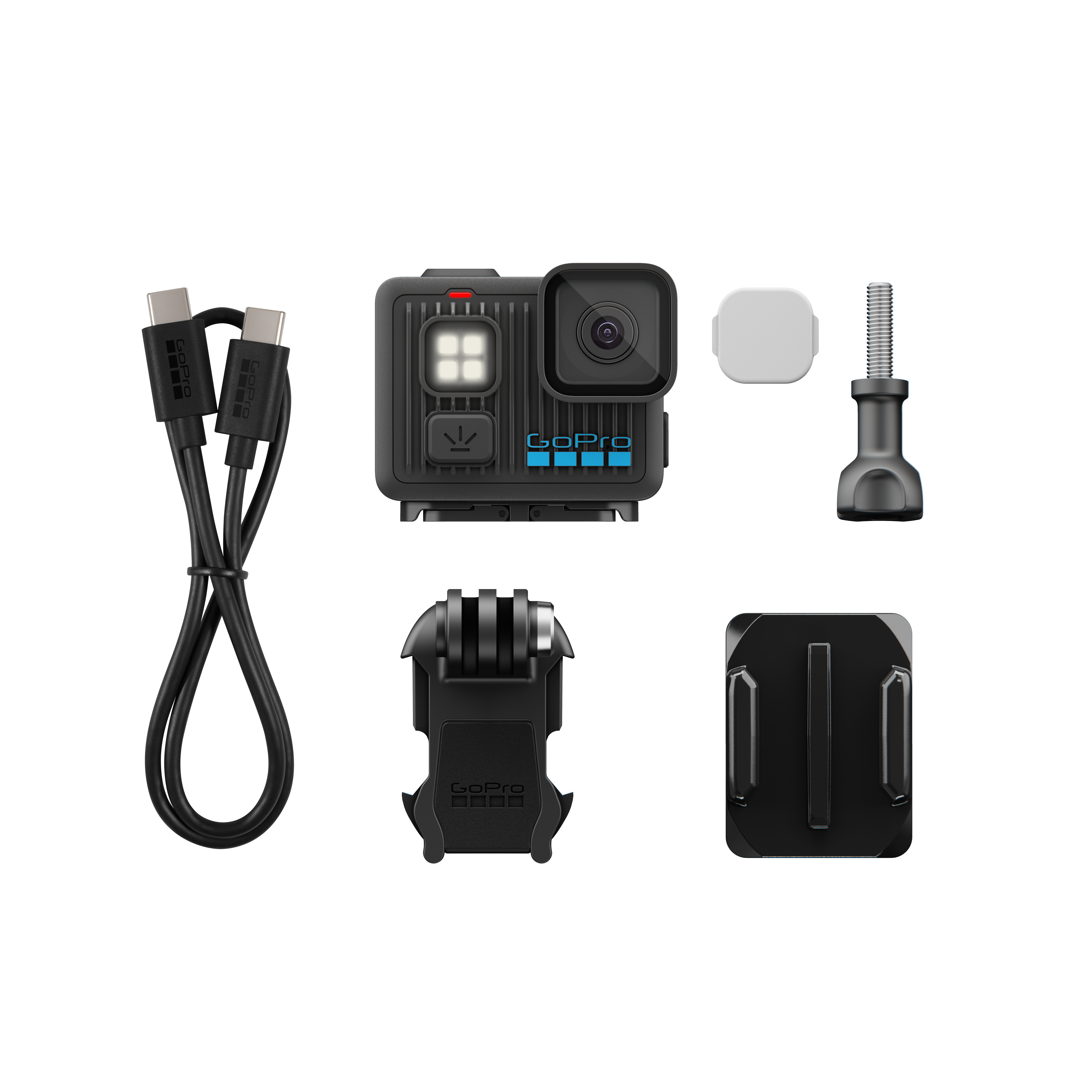 GoPro-Kamera und Zubehör: Ladekabel, Halterung, Schraube, Clip und Klebehalterung auf weißem Hintergrund.