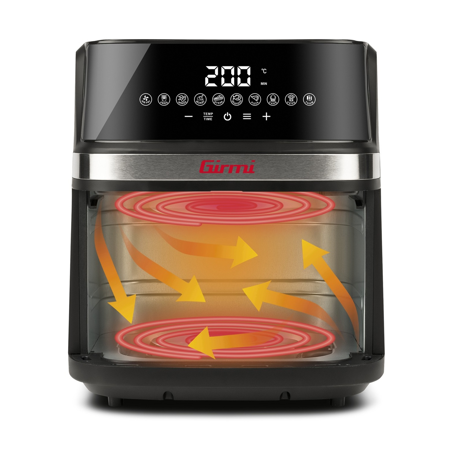 Friggitrice ad aria nera con display digitale che mostra 200°C. Resistenza rossa all'interno. Frecce indicano la circolazione dell'aria. Marchio Girmi.