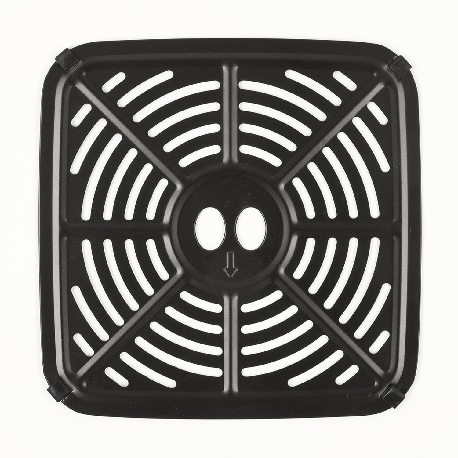 Griglia nera quadrata per friggitrice ad aria con design a fessura e un'area circolare centrale. Sono visibili due fori e una freccia.
