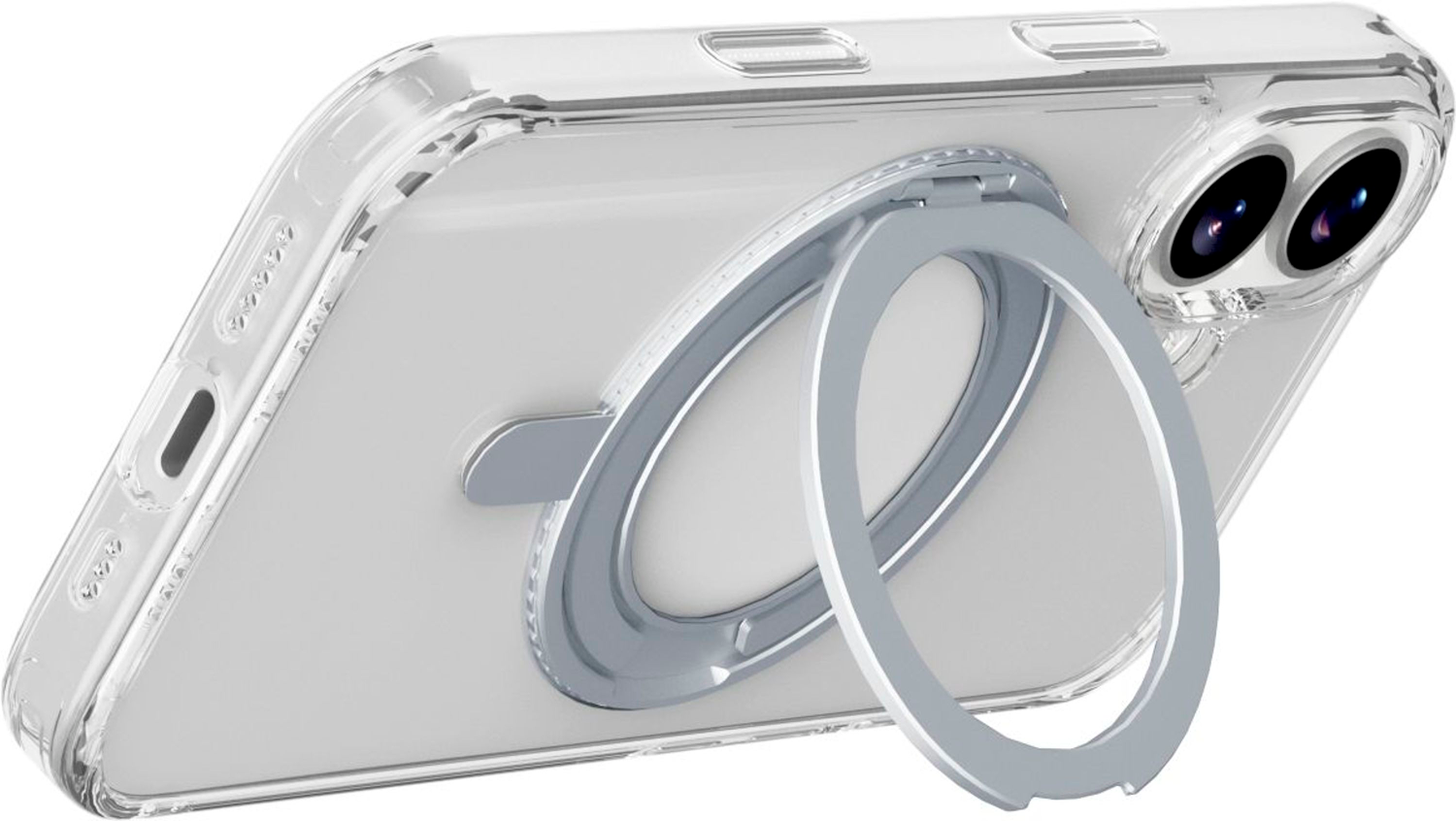 Una funda transparente para teléfono con un soporte de anillo plateado. La funda tiene una sección de cámara con dos lentes. El anillo está abierto.