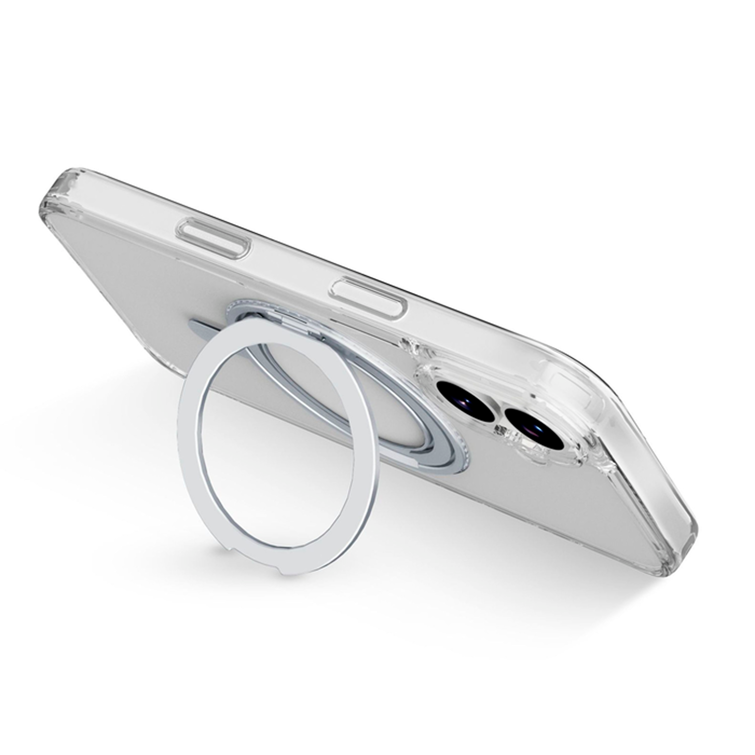 Funda transparente para teléfono con soporte de anillo plateado. La funda está de lado, mostrando las lentes de la cámara y el anillo.
