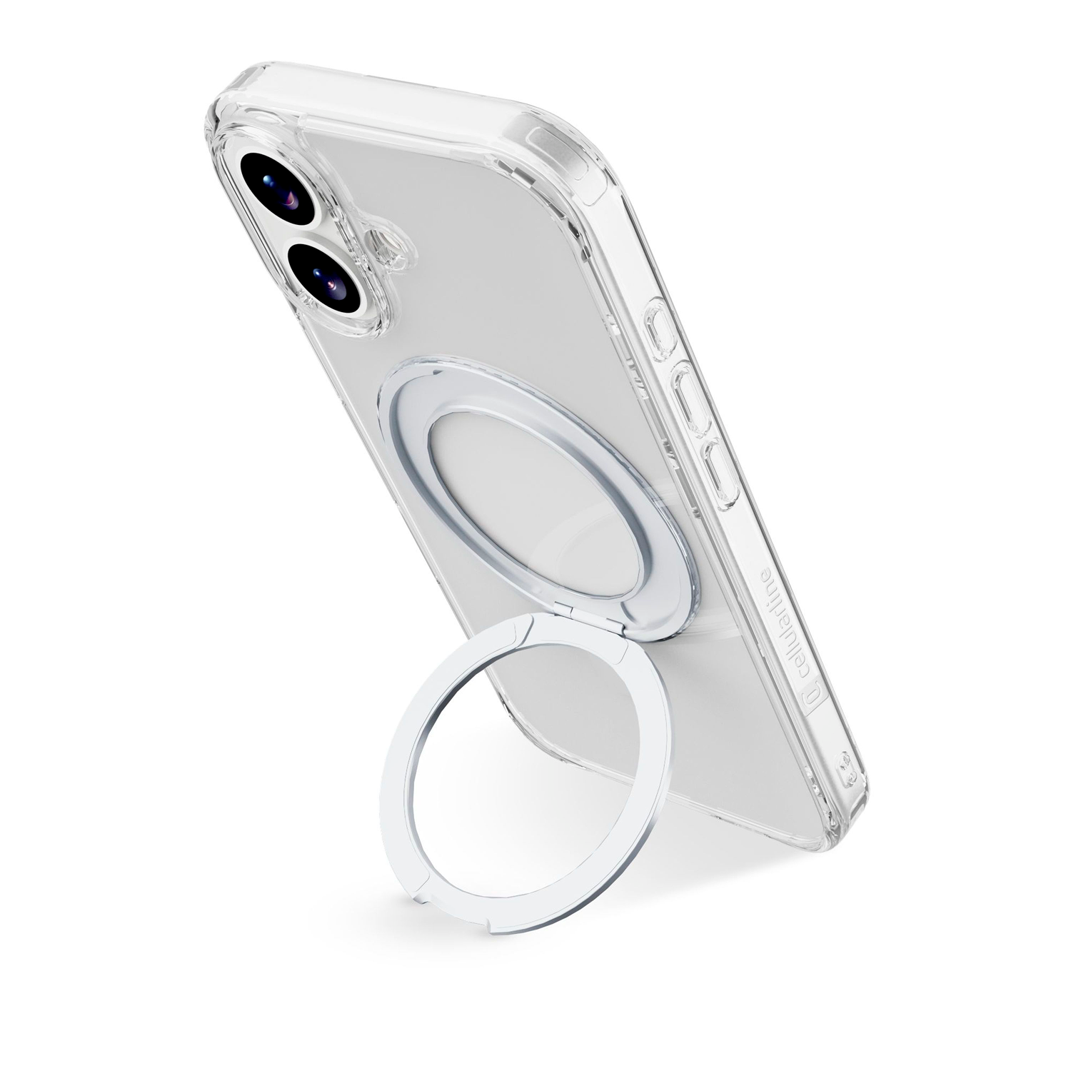 Una funda transparente para teléfono con un soporte de anillo blanco. El teléfono tiene dos lentes de cámara. La funda está en ángulo, mostrando los botones laterales.