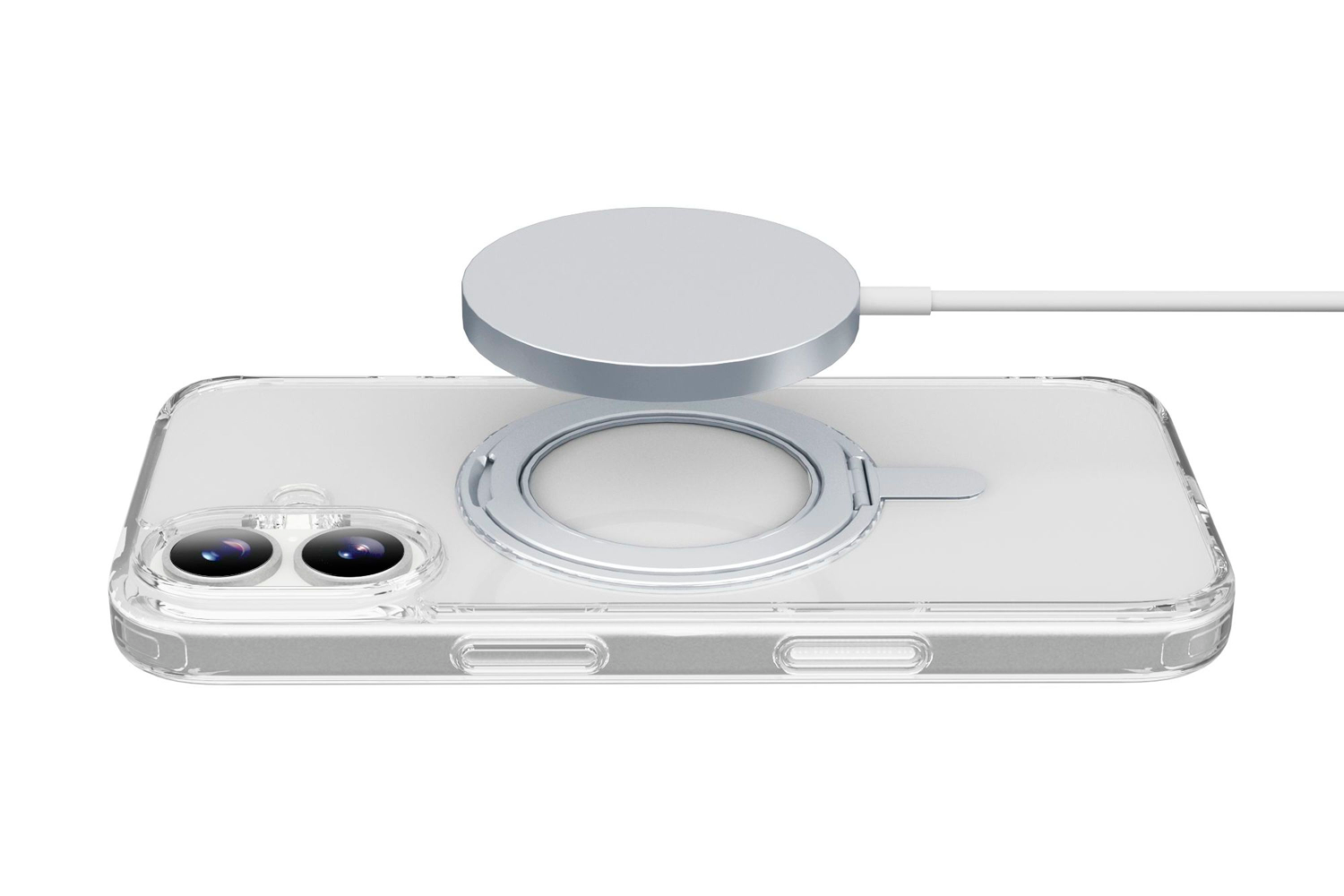 Una funda de teléfono con una almohadilla de carga magnética encima. La funda es transparente, con dos lentes de cámara.