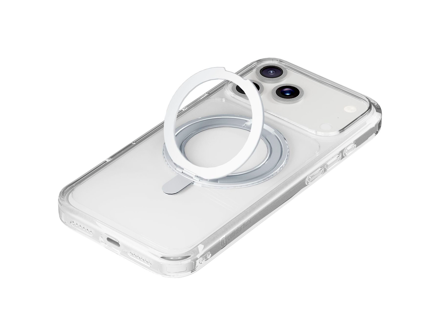 Una funda transparente para teléfono con un soporte de anillo blanco sobre un fondo blanco. El teléfono es plateado.