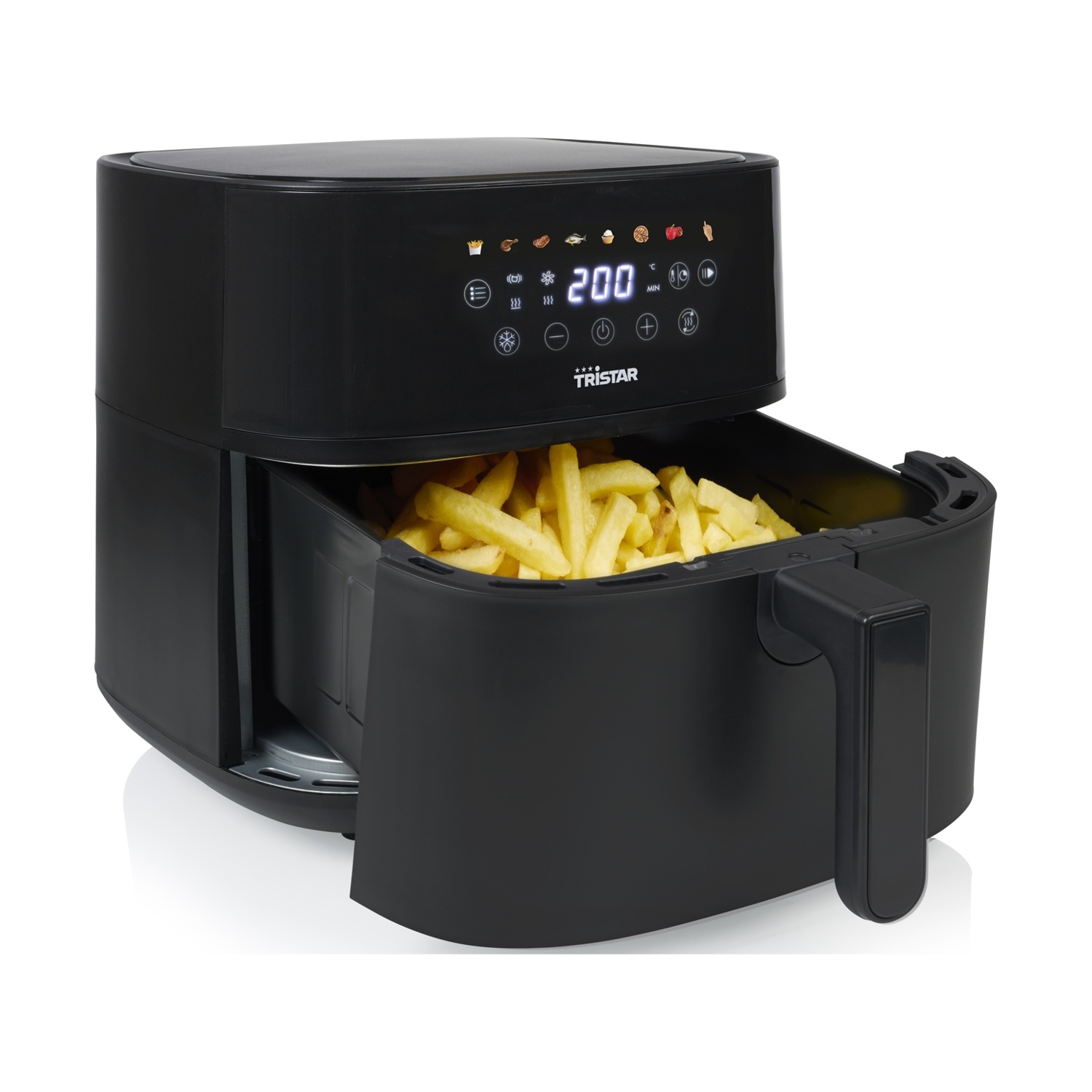 Friggitrice ad aria nera con patatine fritte all'interno. Ha un display digitale che mostra la temperatura. L'impugnatura è a destra.