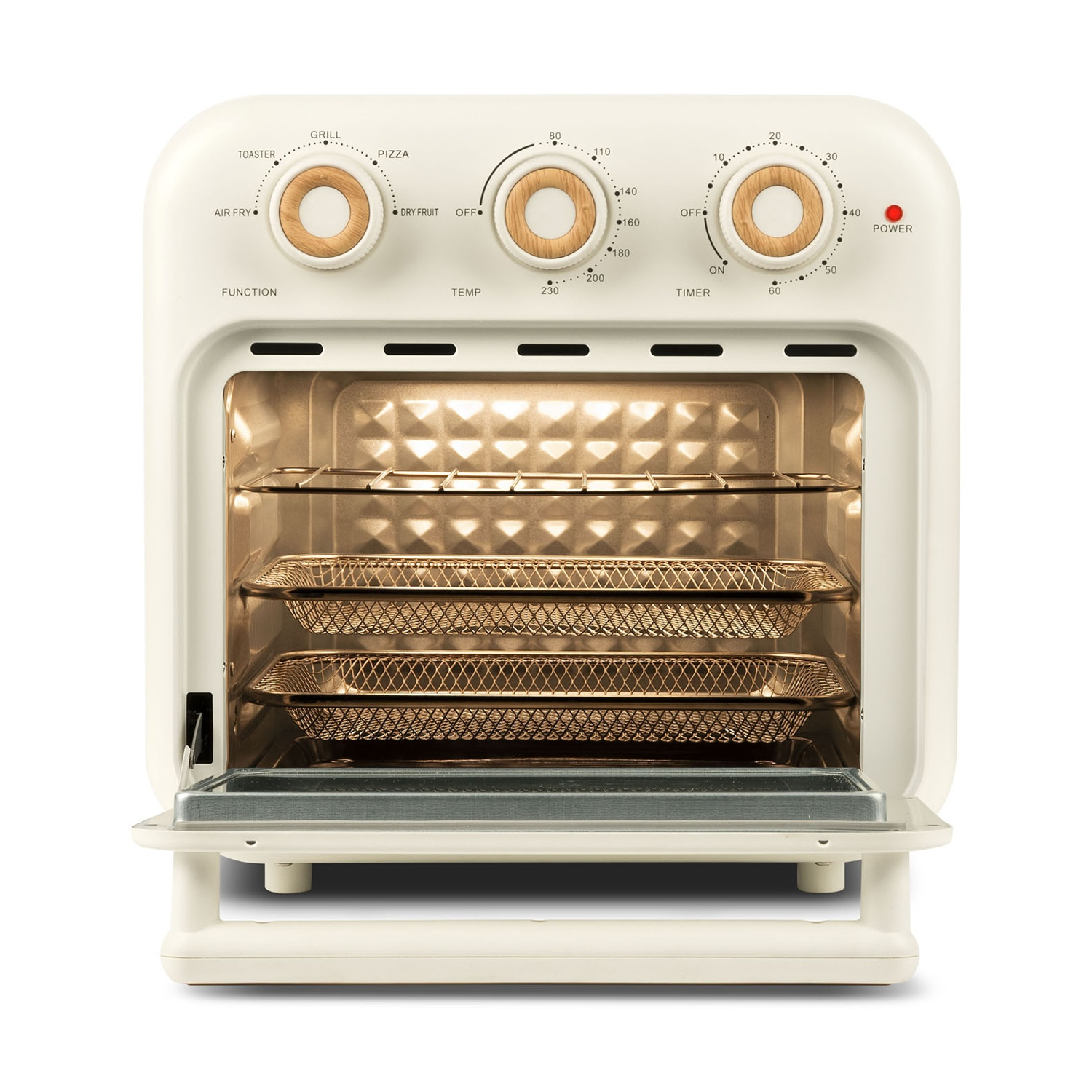 Forno friggitrice ad aria color crema con porta aperta. Manopole per funzione, temperatura e timer. Interno con due griglie.