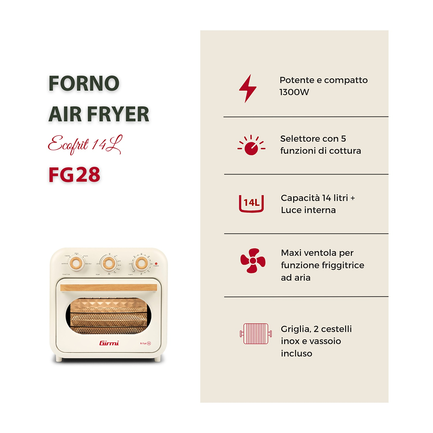 Un forno friggitrice ad aria color crema, maniglia in legno e manopole. Caratteristiche: capacità 14L, 5 funzioni di cottura e ventola.
