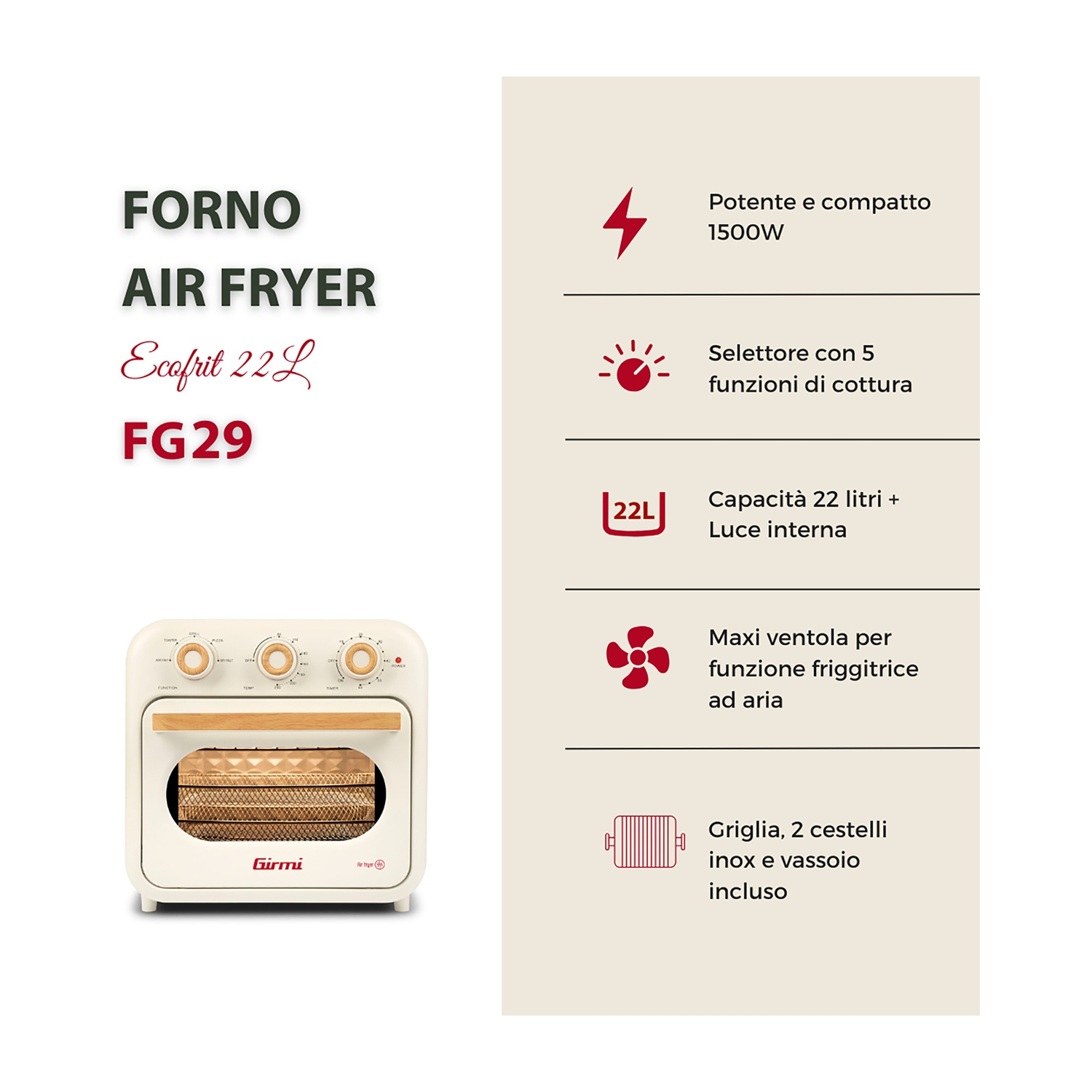 Friggitrice ad aria bianca con manico in legno, quadranti e porta a vetro. Testo: 'FORNO AIR FRYER Ecofrit 22L FG29' e caratteristiche.