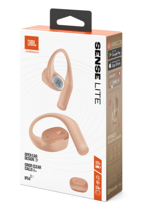 Pudełko słuchawek JBL Sense Lite. Słuchawki w kolorze brzoskwiniowym. Pudełko ma logo JBL i tekst, z ikonami funkcji.