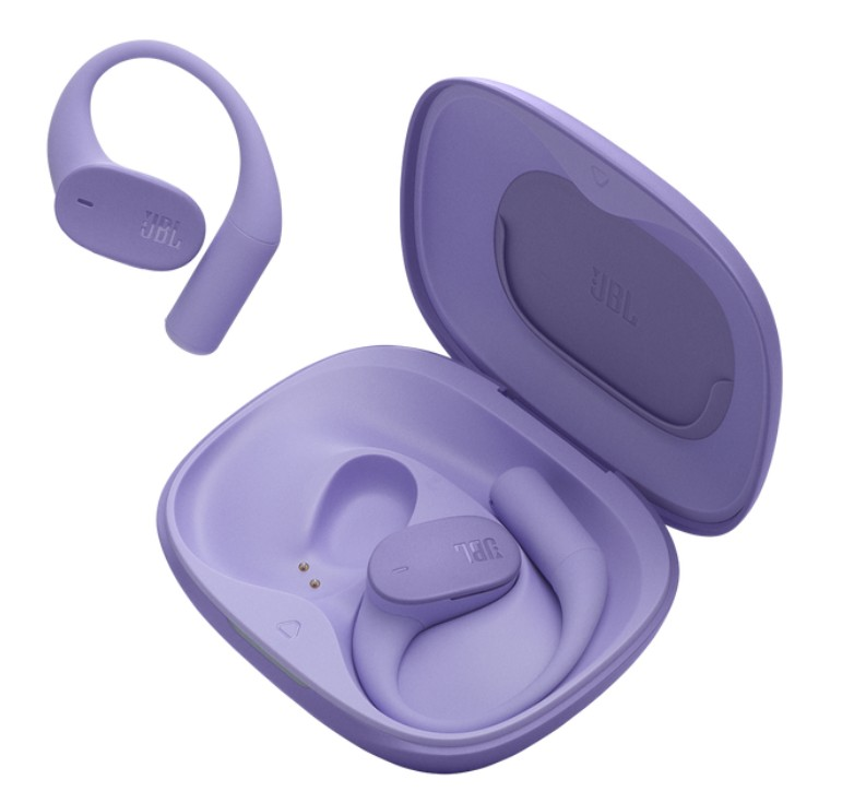 Fioletowe bezprzewodowe słuchawki JBL i etui ładujące. Jeden pączek jest osobny. Etui jest otwarte, pokazując drugą słuchawkę w środku.