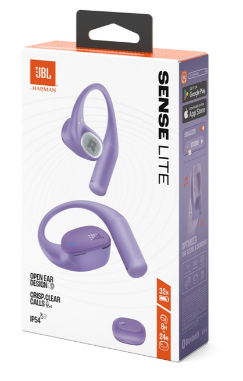 Pudełko słuchawek JBL Sense Lite. Fioletowe słuchawki na pudełku. Tekst zawiera „konstrukcję otwartego ucha” i „wyraźne, wyraźne rozmowy”.
