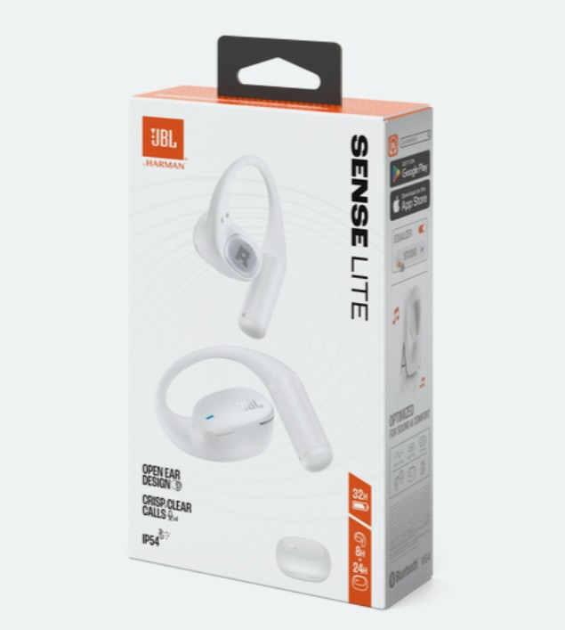 Białe pudełko słuchawek JBL Sense Lite. Pudełko ma logo JBL, obrazy słuchawek i tekst, np. „Open Ear Design” i „Crisp Clear Calls”.