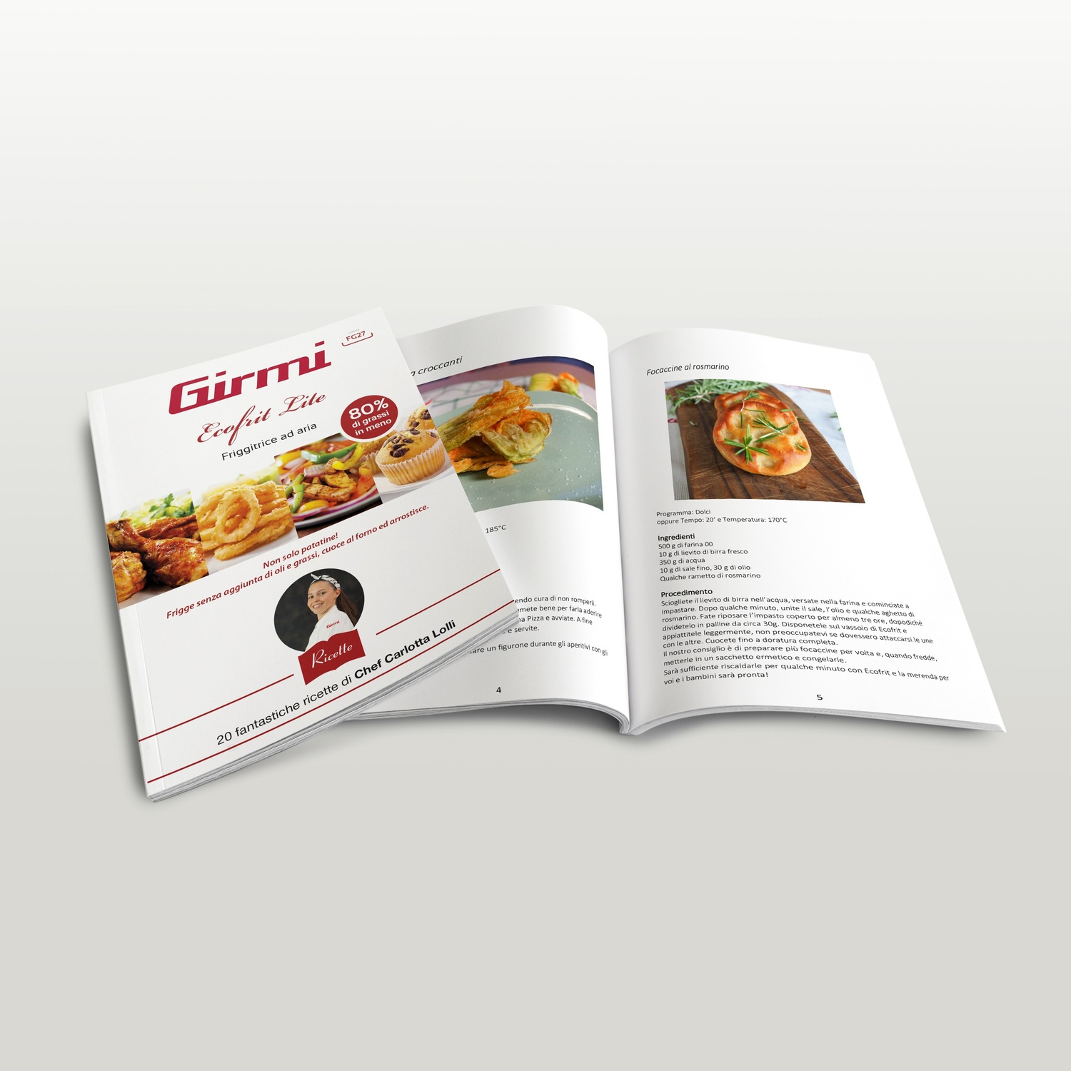 Libro di cucina aperto con 'Girmi Ecofrit Lite' sulla copertina, ricette e immagini di cibo. Pagine mostrano istruzioni.