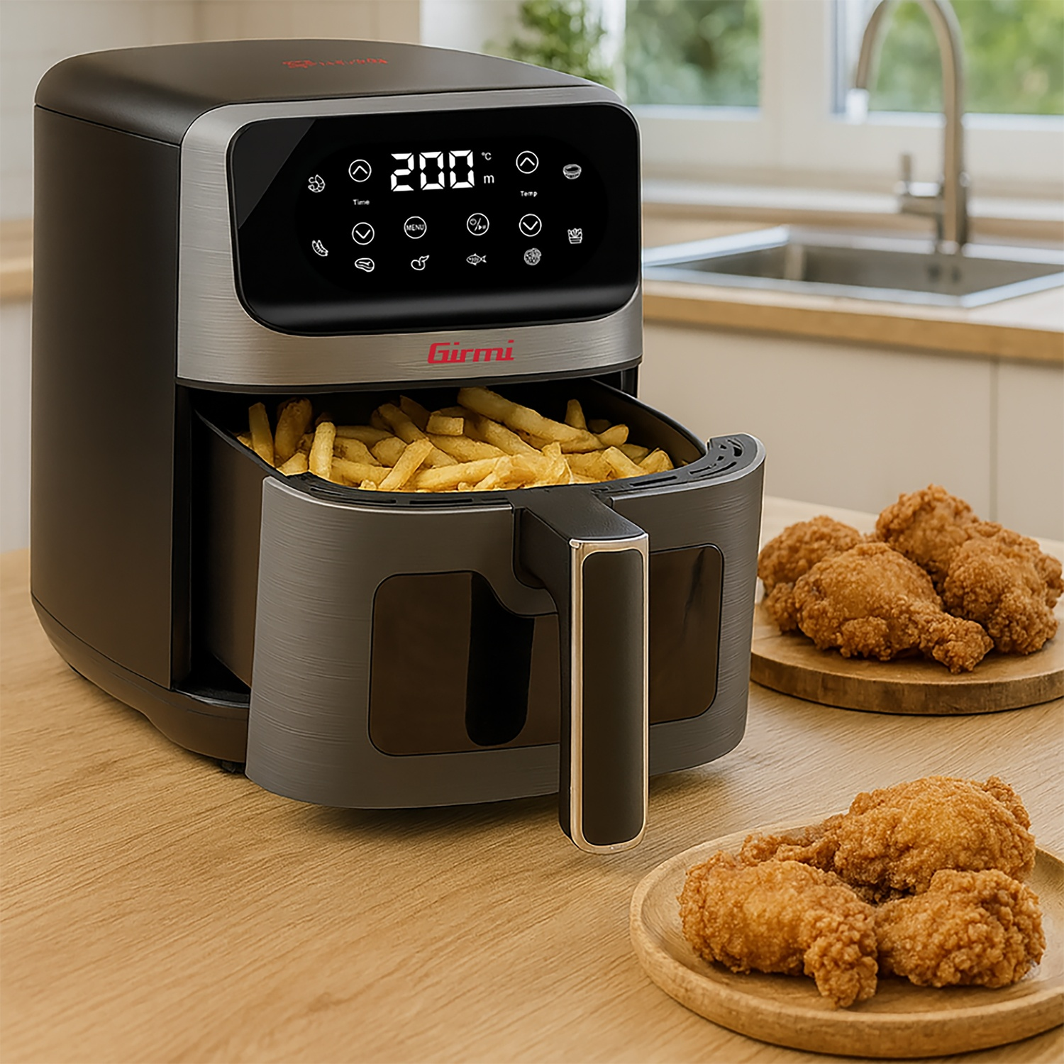 Una friggitrice ad aria con patatine fritte all'interno. Pollo fritto su piatti di legno. Sfondo cucina con lavandino e finestra.