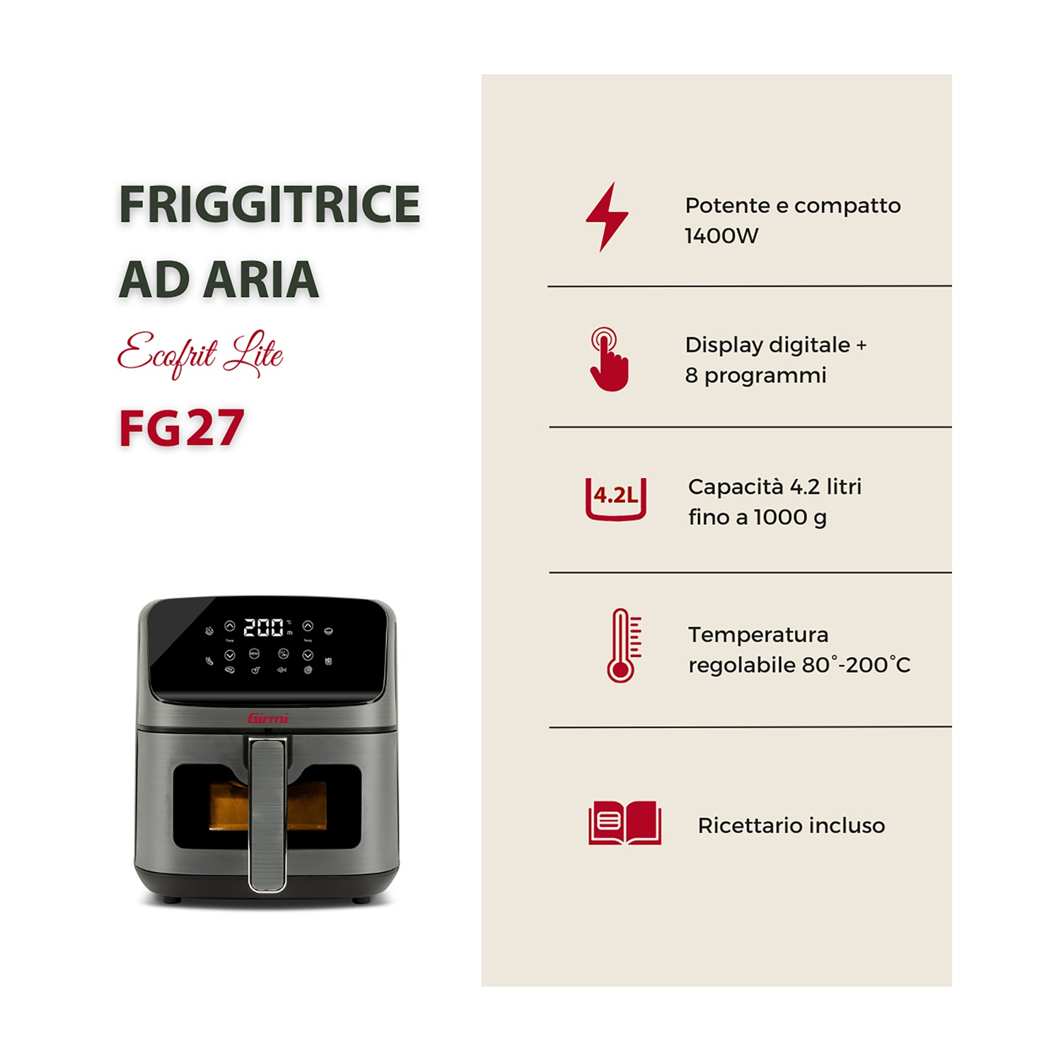 Una friggitrice ad aria con display digitale, 8 programmi, capacità 4,2L e temperatura regolabile. Include un ricettario.