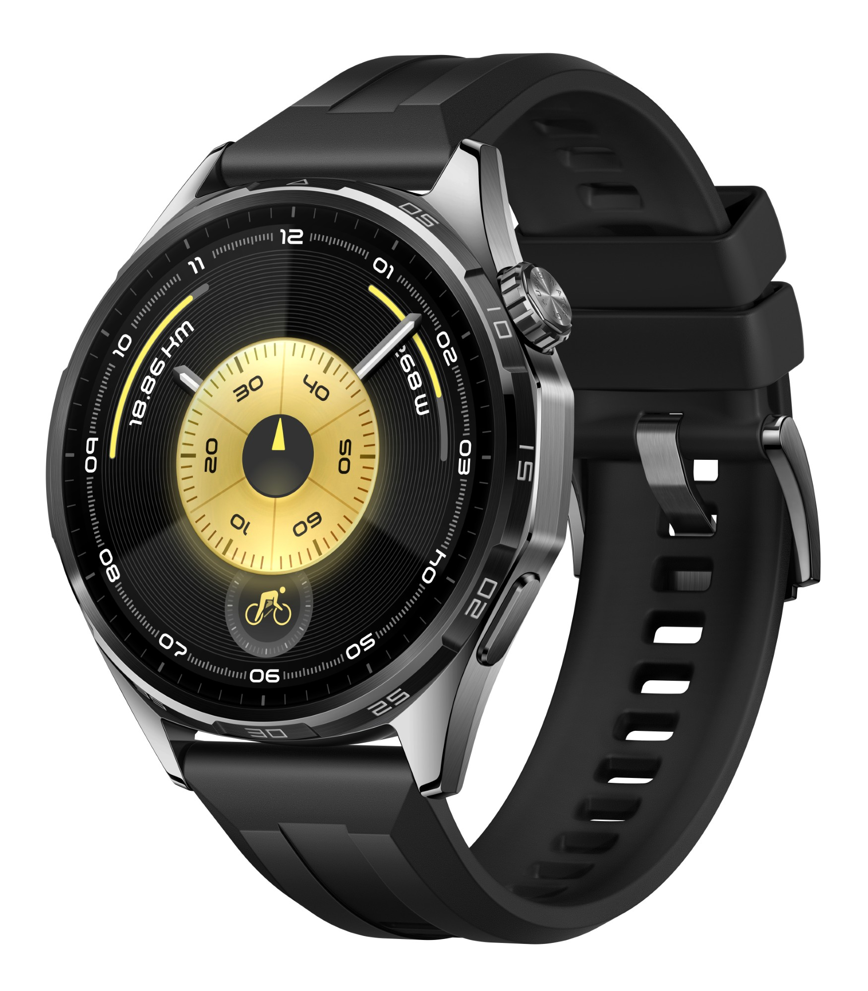 Czarny smartwatch z okrągłą tarczą wyświetlającą złote i czarne detale oraz czarnym paskiem. Zegarek jest na białym tle.