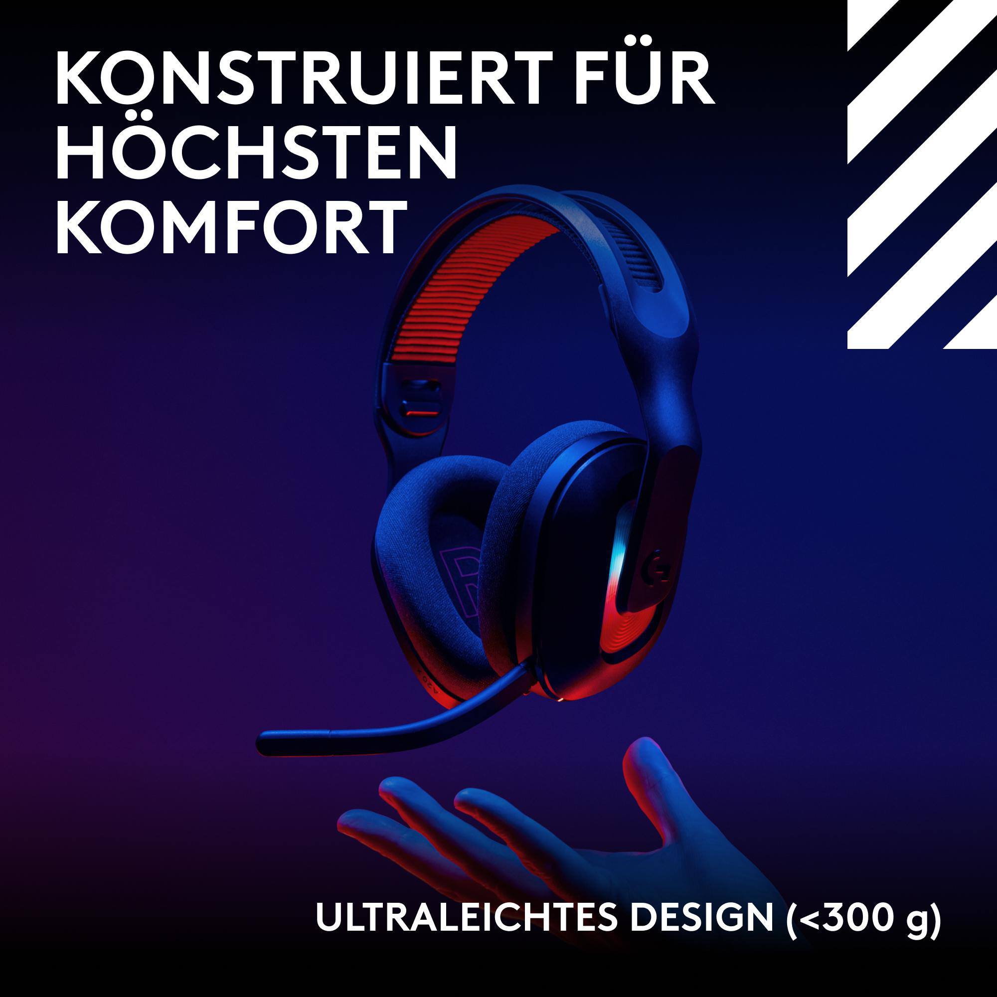 Kopfhörer mit roter Innenseite und schwarzer Außenseite, gehalten von einer Hand. Der Text oben sagt 'Konstruiert für höchsten Komfort'.