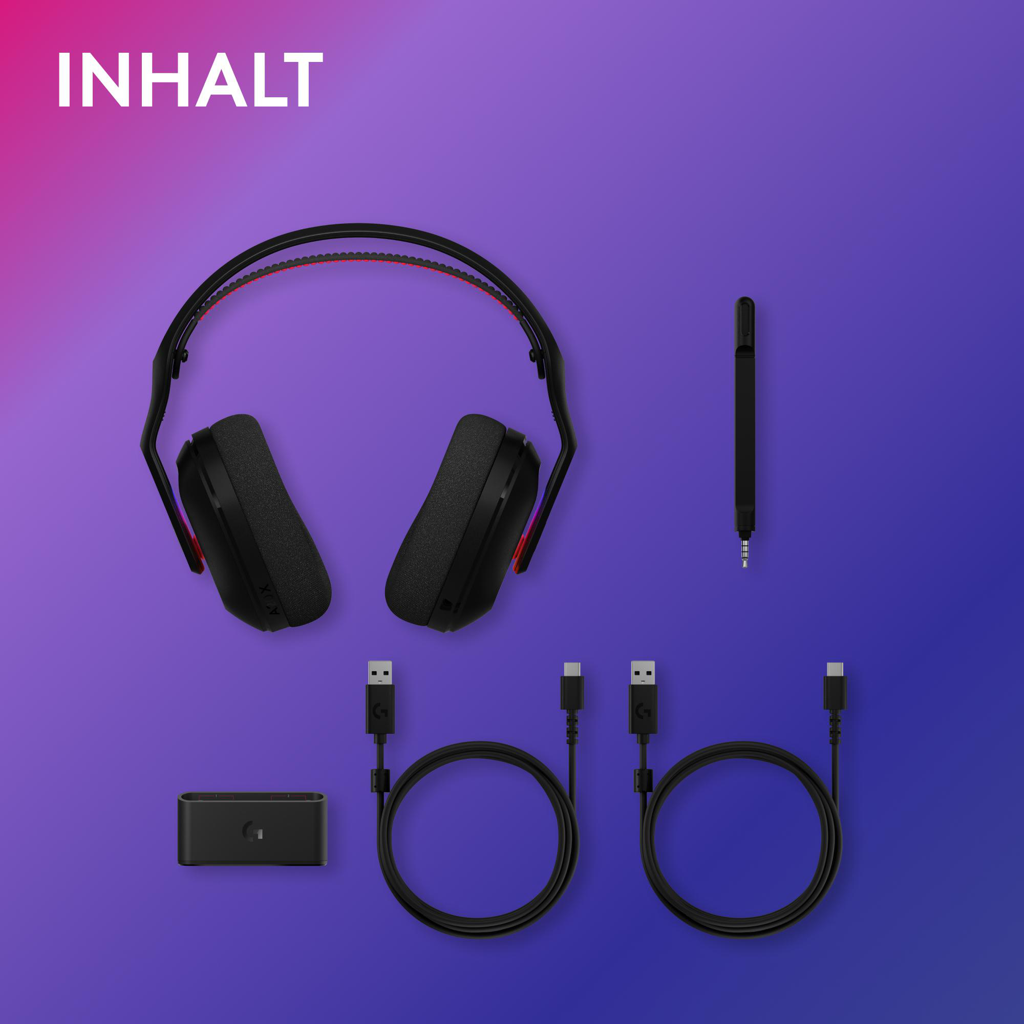 Schwarzes Gaming-Headset, Kabel und Zubehör vor einem violetten Hintergrund. Enthält einen USB-Empfänger und einen Audioadapter.