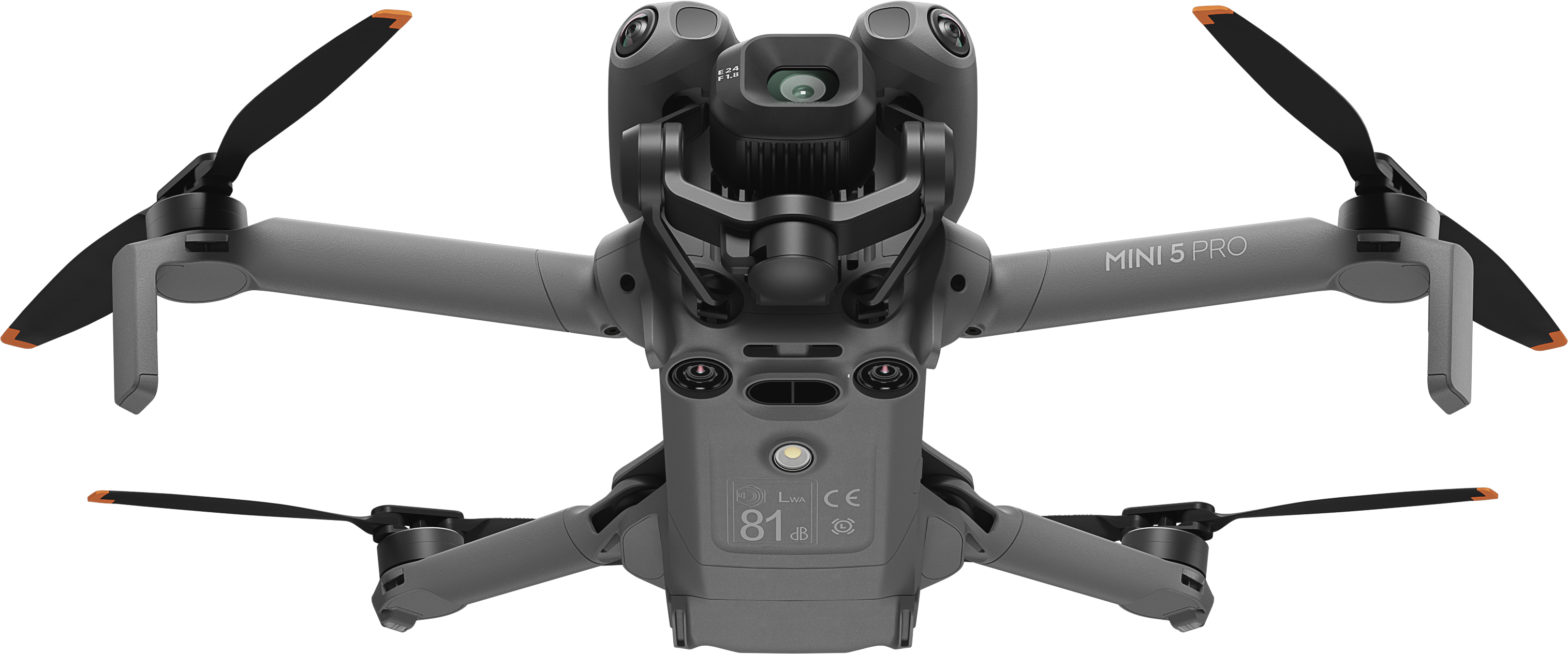 Un drone DJI Mini 5 Pro grigio con eliche nere e punte arancioni su sfondo nero. Il drone ha più telecamere.
