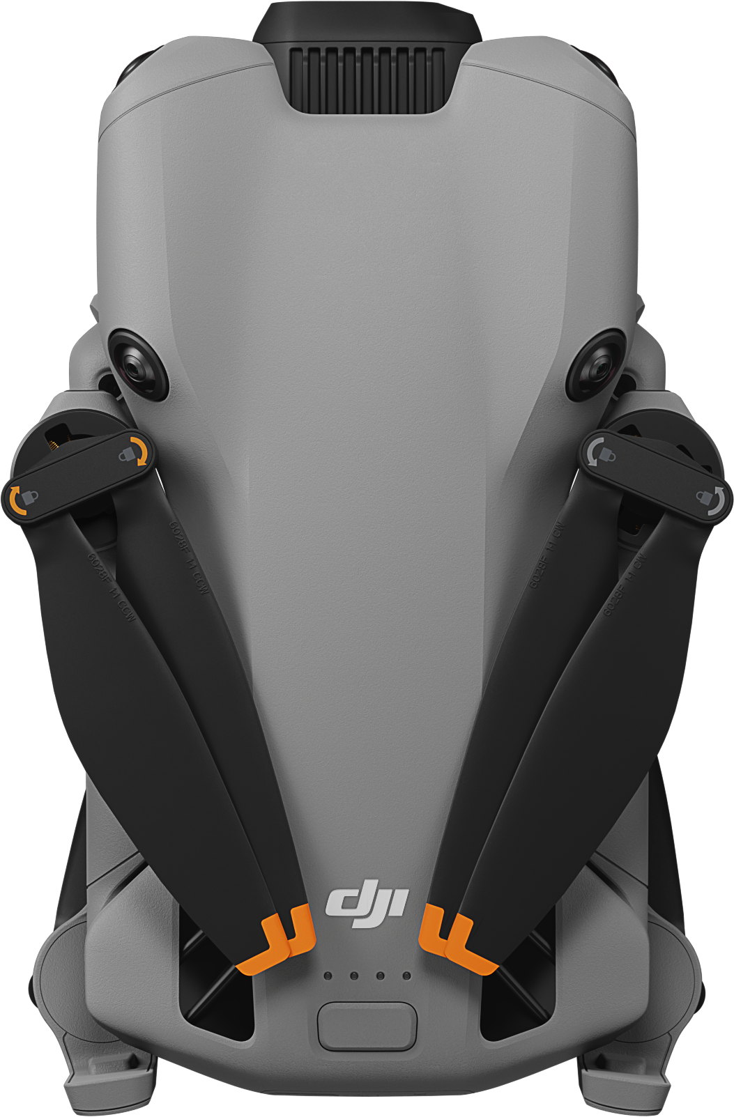 Un drone grigio con eliche nere e accenti arancioni. Logo DJI visibile. Lo sfondo è nero.