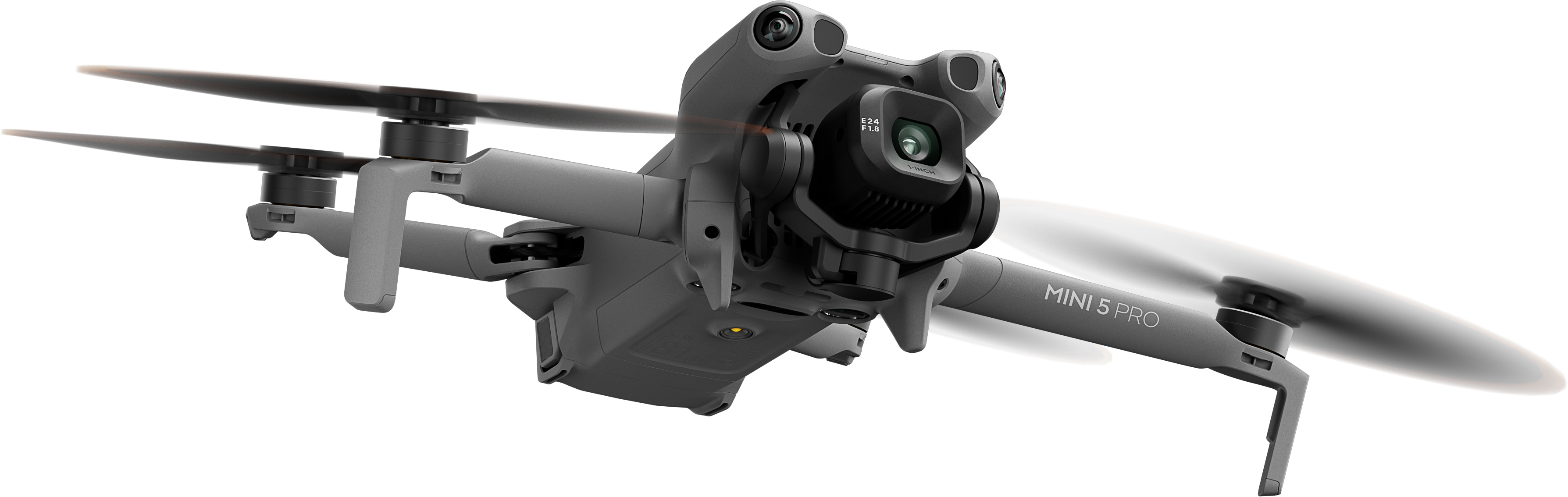 Un drone grigio DJI Mini 5 Pro con eliche, fotocamera e la scritta 'MINI 5 PRO' sul braccio, su sfondo nero.