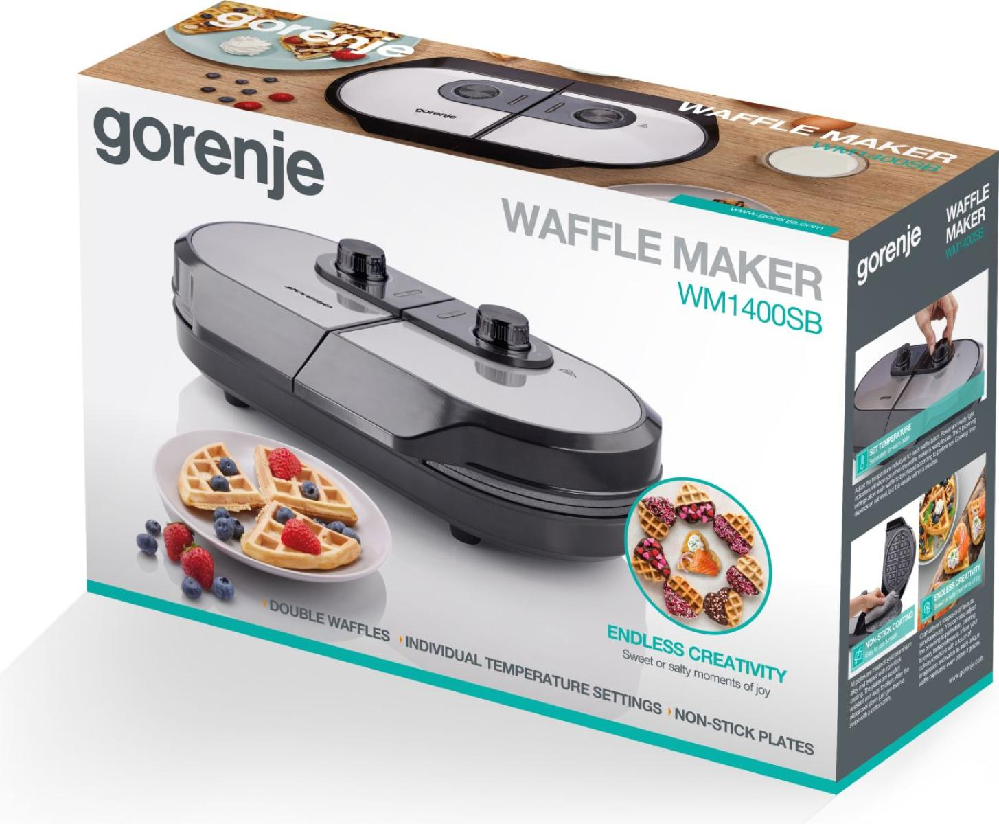 Gorenje gofrisütő doboz. Gofrik bogyókkal egy tányéron. A doboz a sütőt és annak funkcióit mutatja.