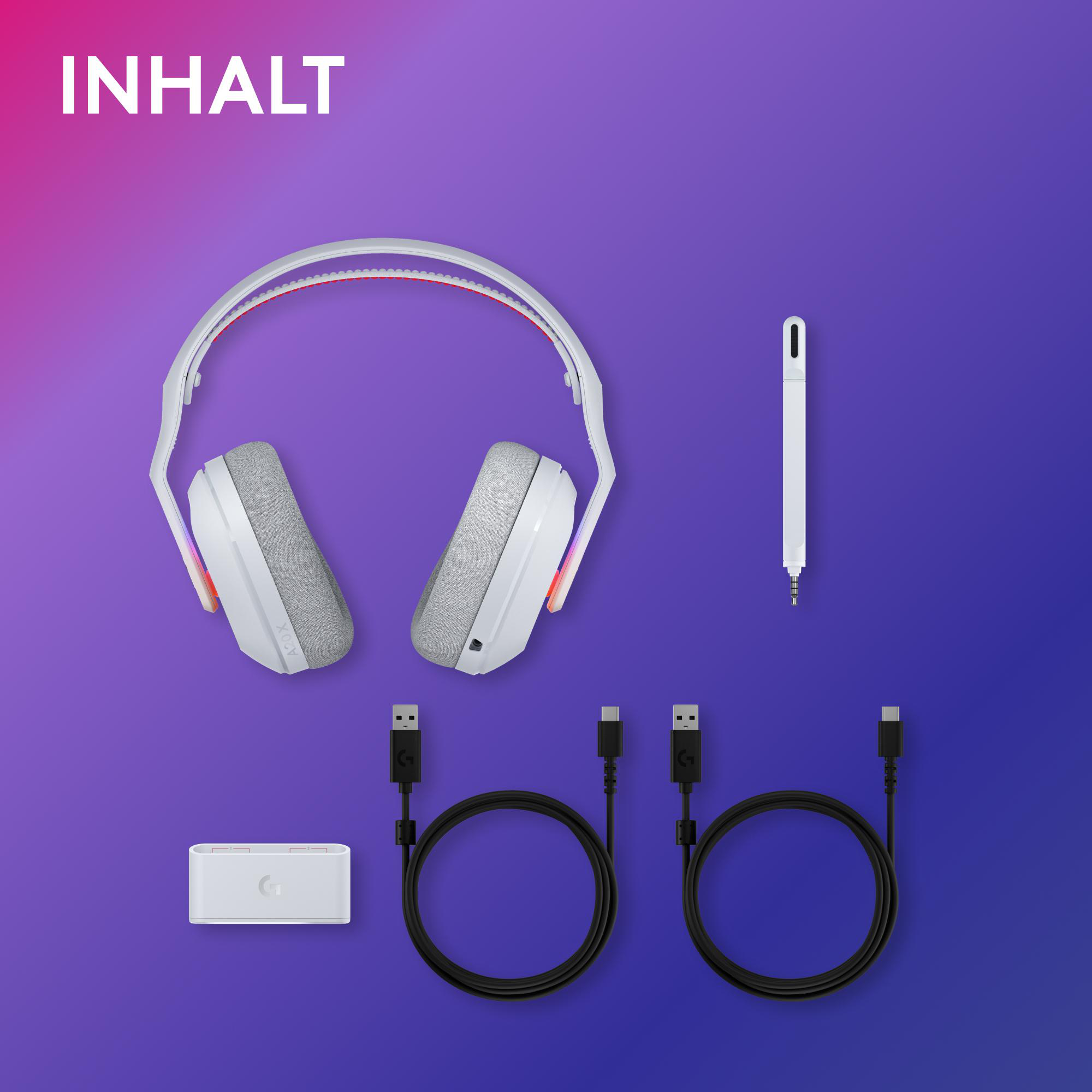 Weißes Gaming-Headset, USB-Empfänger, zwei USB-Kabel, ein USB-C-Kabel und ein weißes Mikrofon auf blauem Hintergrund.