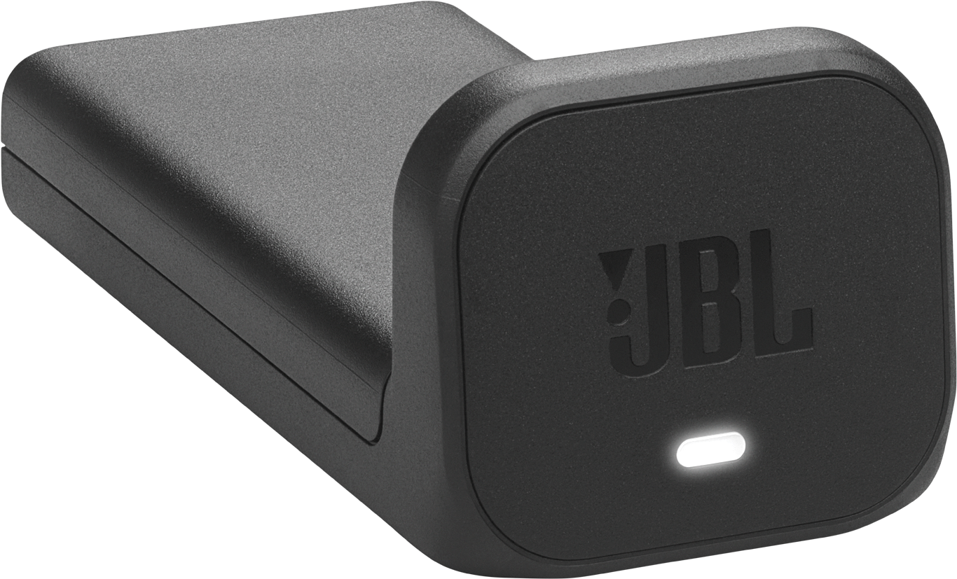 Ein schwarzes JBL-Ladegerät mit einem weißen Leuchten. Es hat eine gebogene Form und ist auf schwarzem Hintergrund.