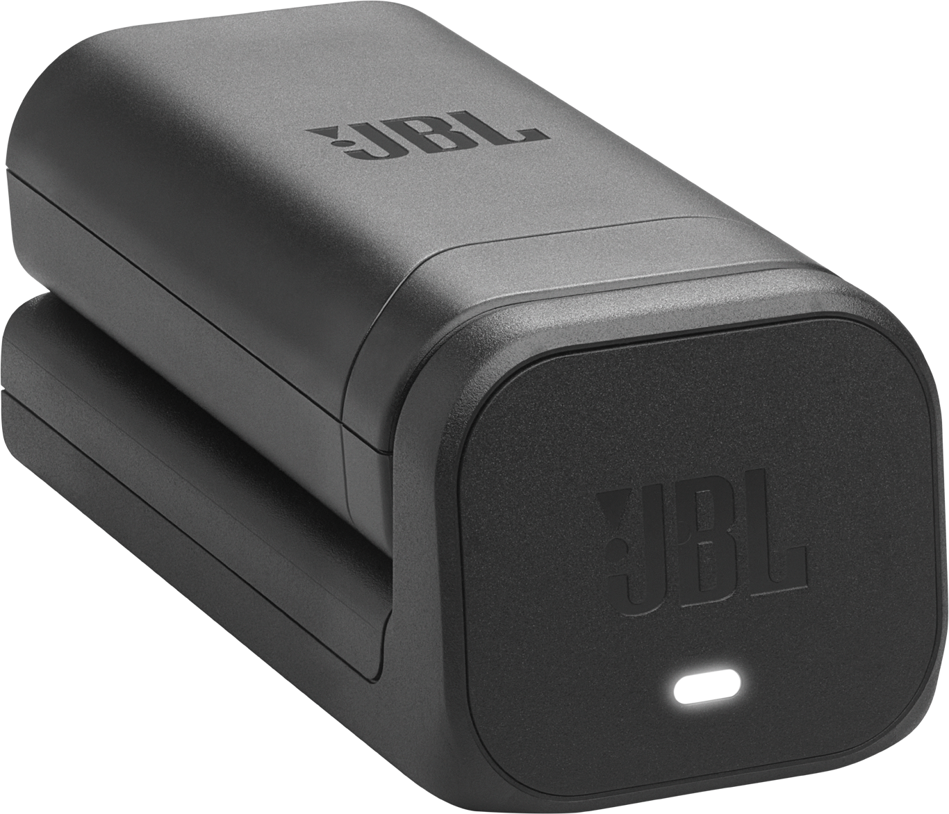 Ein schwarzes JBL-Gerät mit dem JBL-Logo wird angezeigt. Es hat ein Licht auf der Vorderseite. Der Hintergrund ist schwarz.