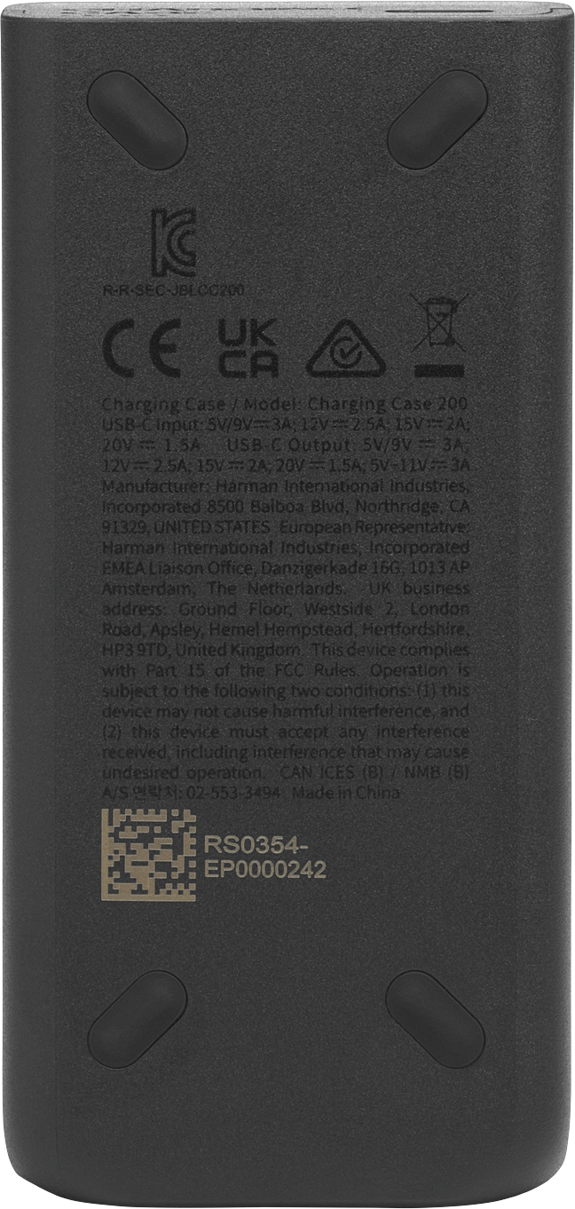 Schwarze Geräterückseite mit Text, Logos und einem Knopf. Informationen umfassen Ladespezifikationen und Herstellerdetails.