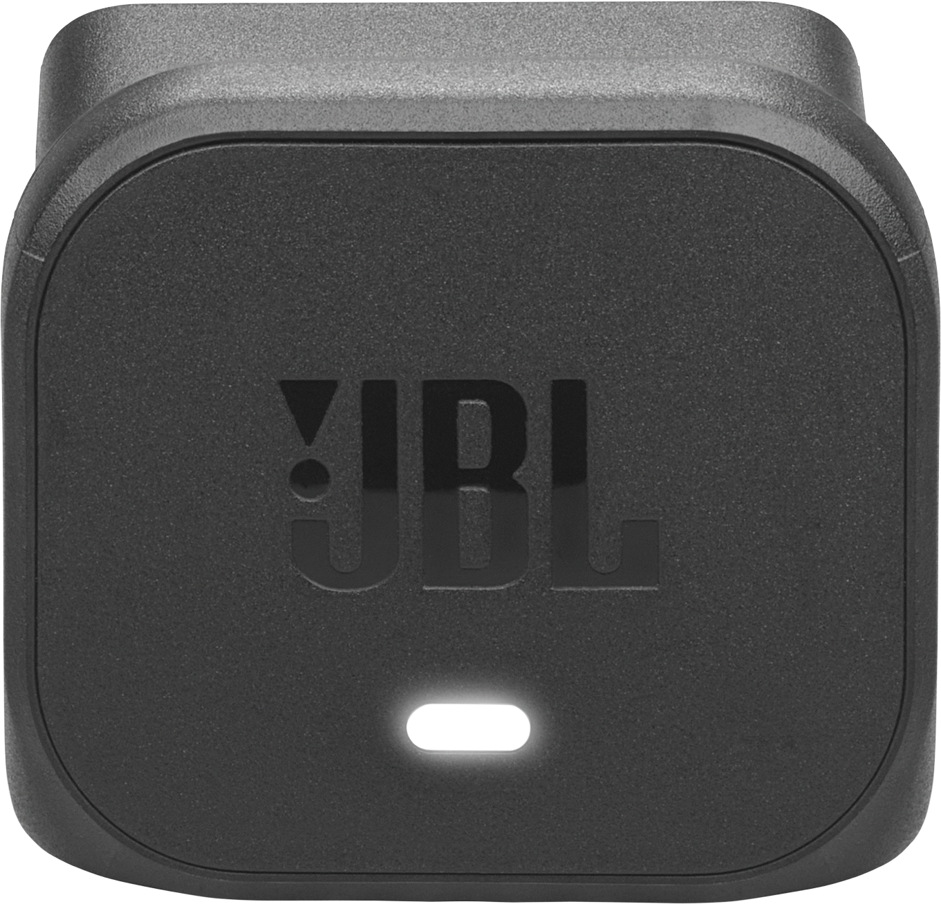 Ein schwarzes JBL-Gerät mit dem JBL-Logo und einer leuchtenden weißen Anzeige. Das Gerät hat abgerundete Kanten und eine strukturierte Oberfläche.