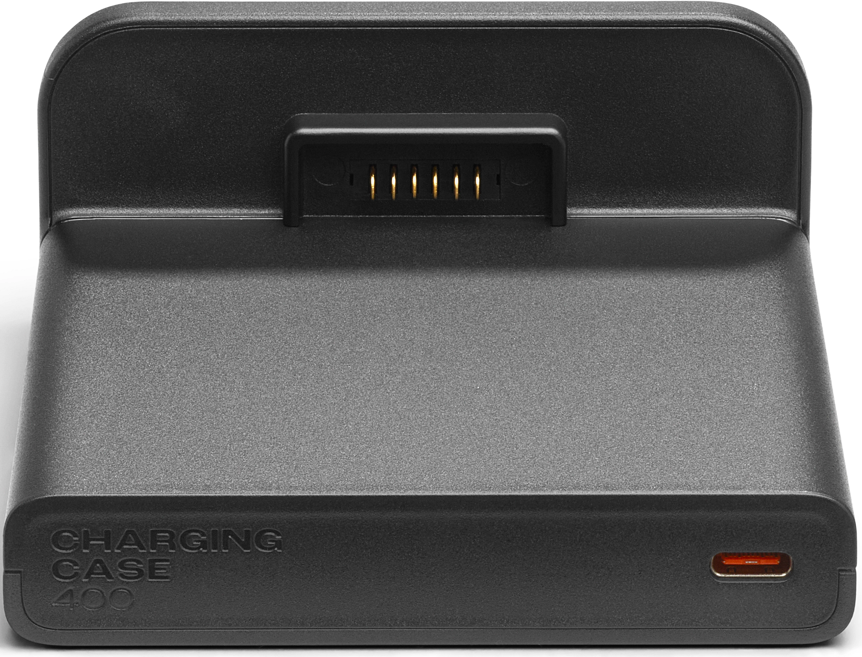 Étui de chargement noir avec texte 'CHARGING CASE 400'. Possède un port USB-C et un connecteur de charge. L'étui est sur fond blanc.
