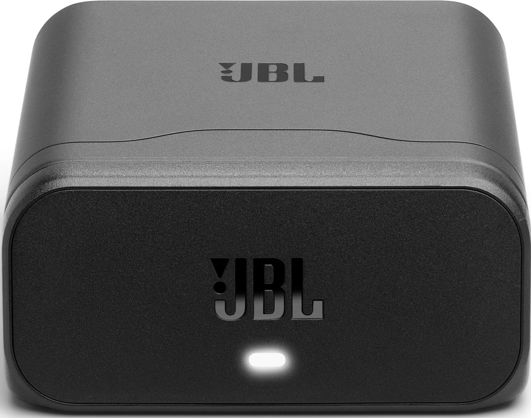 Un appareil JBL noir avec le logo JBL en haut et à l'avant. Une lumière blanche est allumée à l'avant.