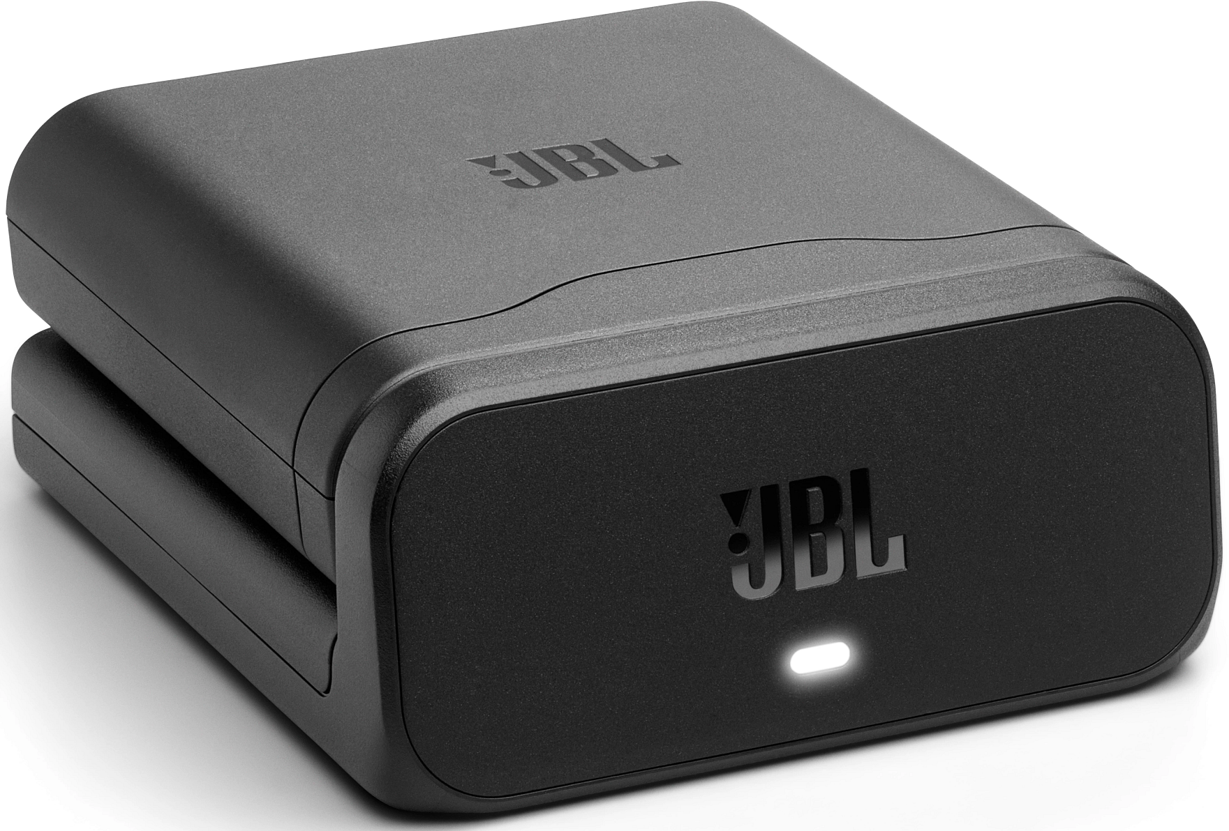Un appareil JBL noir avec une lumière blanche brillante. Le logo JBL est visible. L'appareil est sur fond blanc.