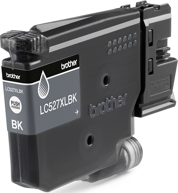 Une cartouche d'encre Brother noire, modèle LC527XLBK. Le logo Brother et les mots 'PUSH' et 'BK' sont visibles.