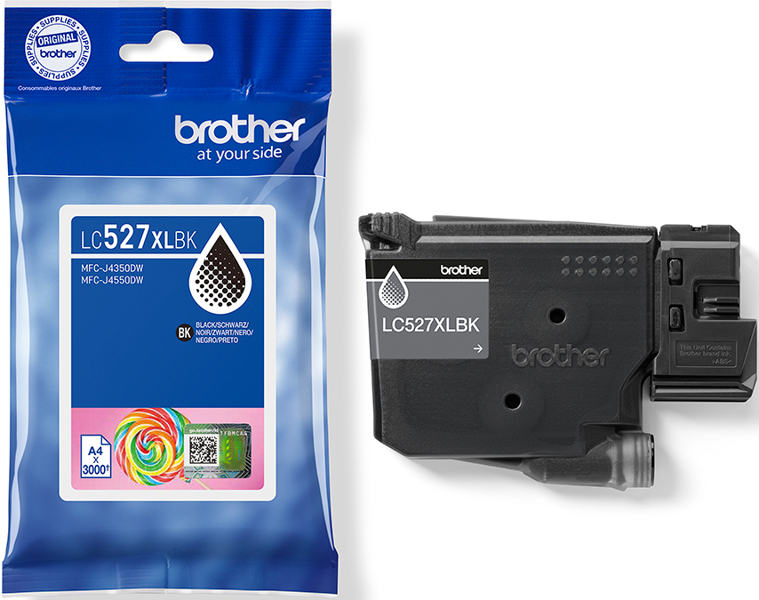 Cartouche d'encre Brother LC527XLBK et emballage. La cartouche est noire. L'emballage est un sac plastique bleu.