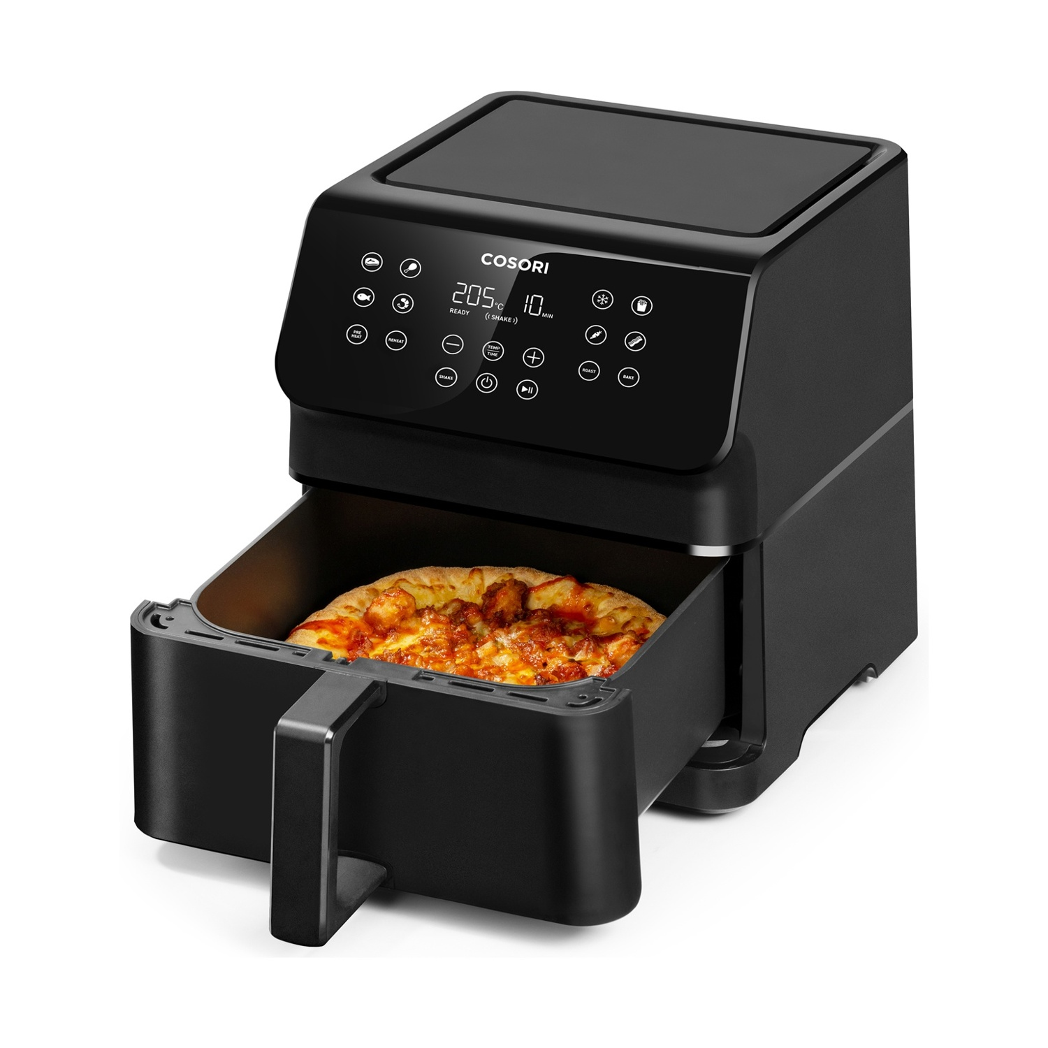 Friggitrice ad aria nera con pizza. Il display digitale mostra temperatura e tempo. L'apparecchio è su una superficie bianca.