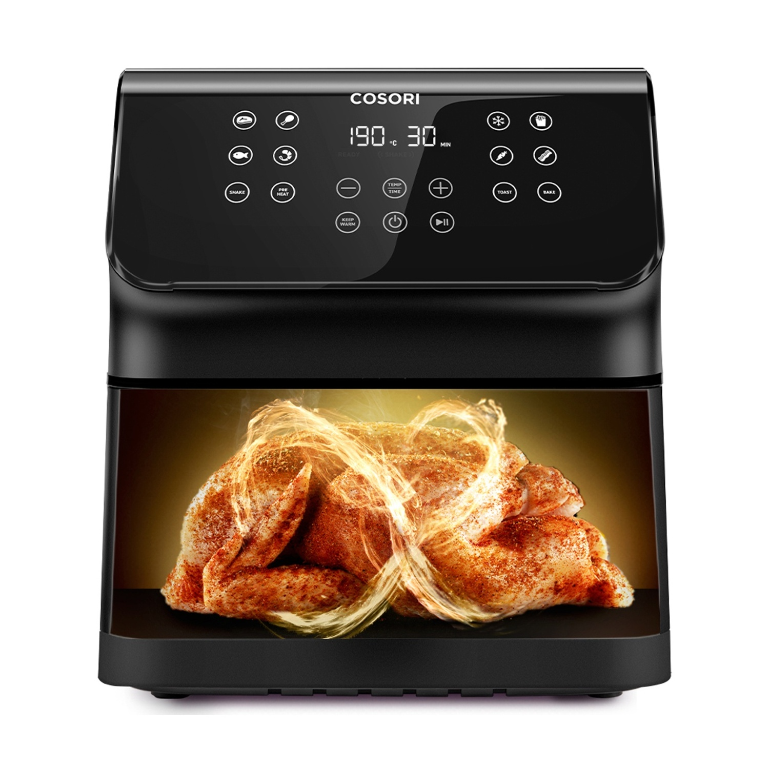 Friggitrice ad aria nera con pollo all'interno. Il display digitale mostra temperatura e tempo. Pannello di controllo con opzioni.