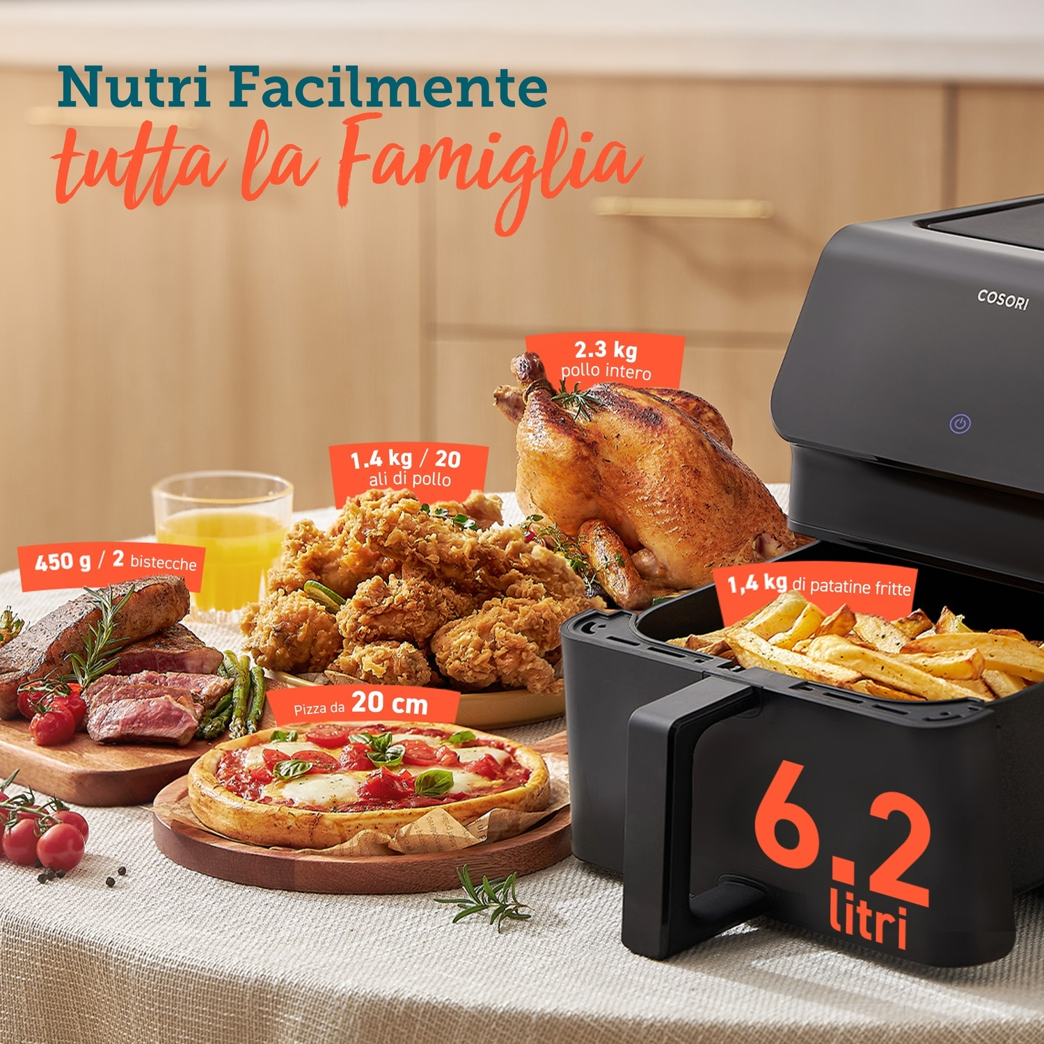 Una friggitrice ad aria con vari cibi: pollo, patatine fritte, bistecca, pizza. Il testo evidenzia l'attenzione alla famiglia e la capacità.