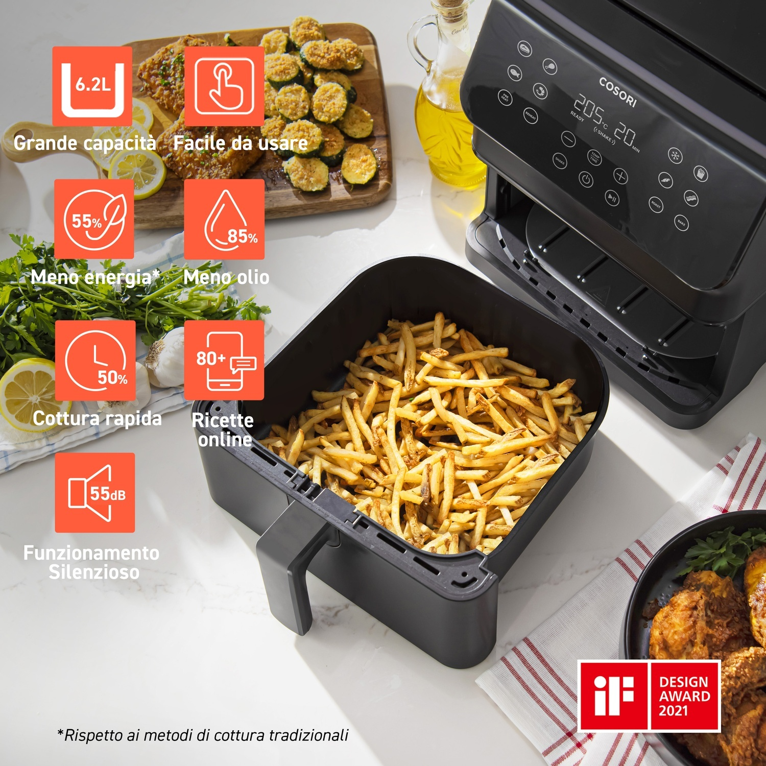 Una friggitrice ad aria con patatine fritte, cibi fritti e icone che mostrano funzionalità come meno olio, cottura rapida e ricette online. Design nero.