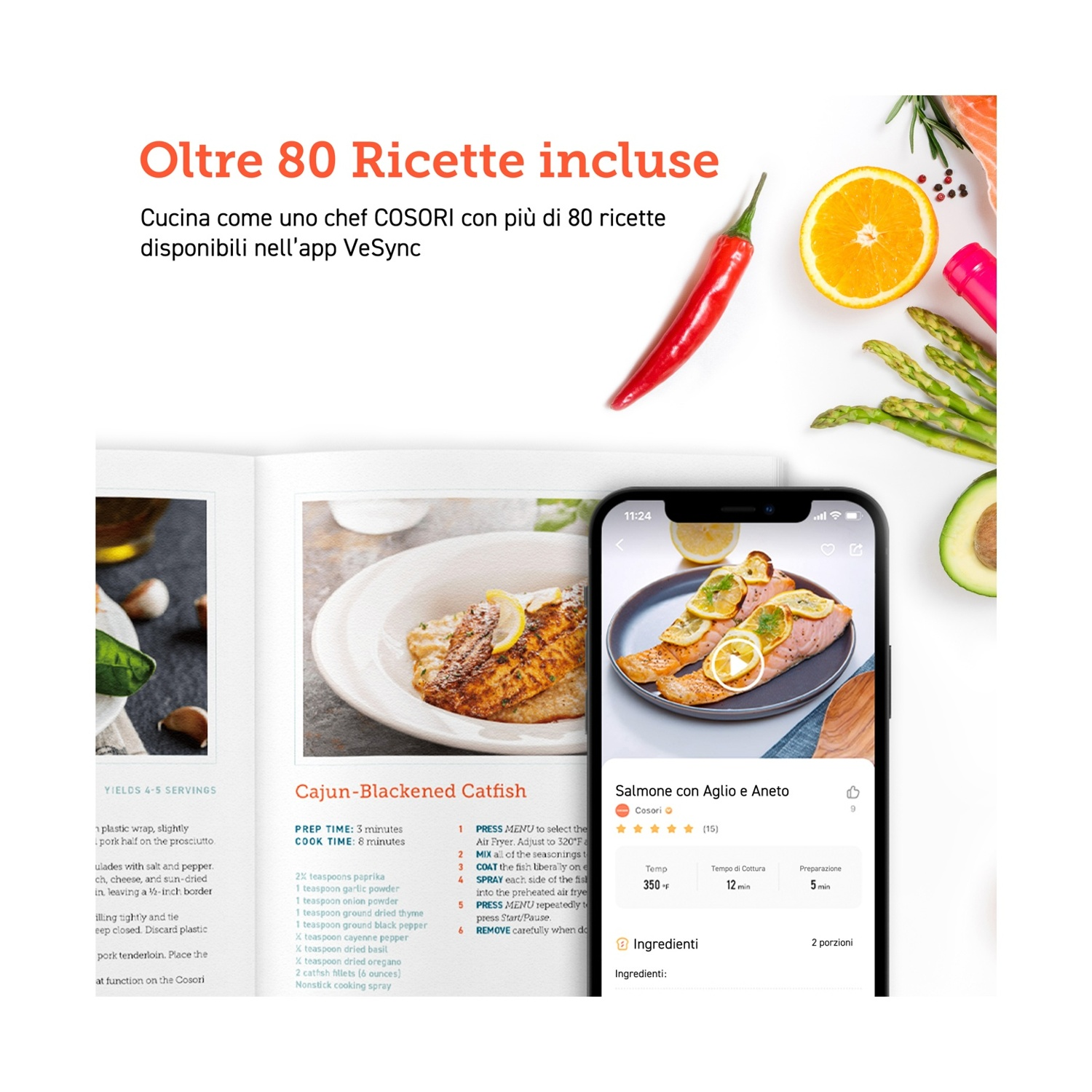 L'immagine mostra i dettagli della preparazione del cibo con i titoli delle ricette, gli ingredienti e uno smartphone.
