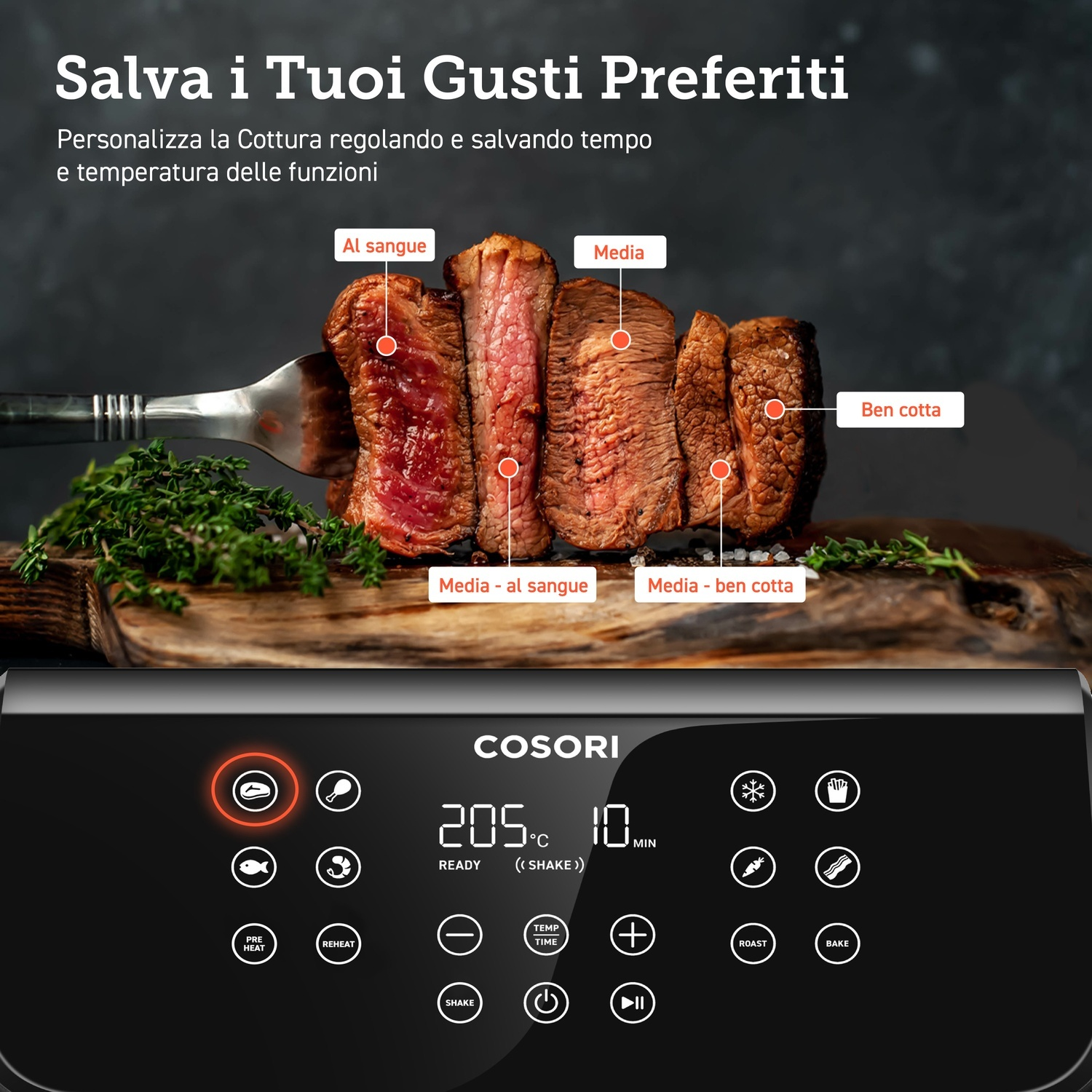 Bistecche cotte su una forchetta, con etichette che indicano i livelli di cottura, sopra un pannello di controllo digitale nero per friggitrice ad aria.