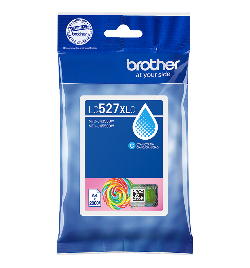 Une cartouche d'encre cyan Brother LC527XLC dans un emballage plastique transparent. Contient une sucette et un code QR.
