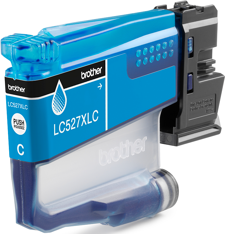 Une cartouche d'encre cyan Brother LC527XLC. La cartouche est principalement en plastique bleu et transparent.