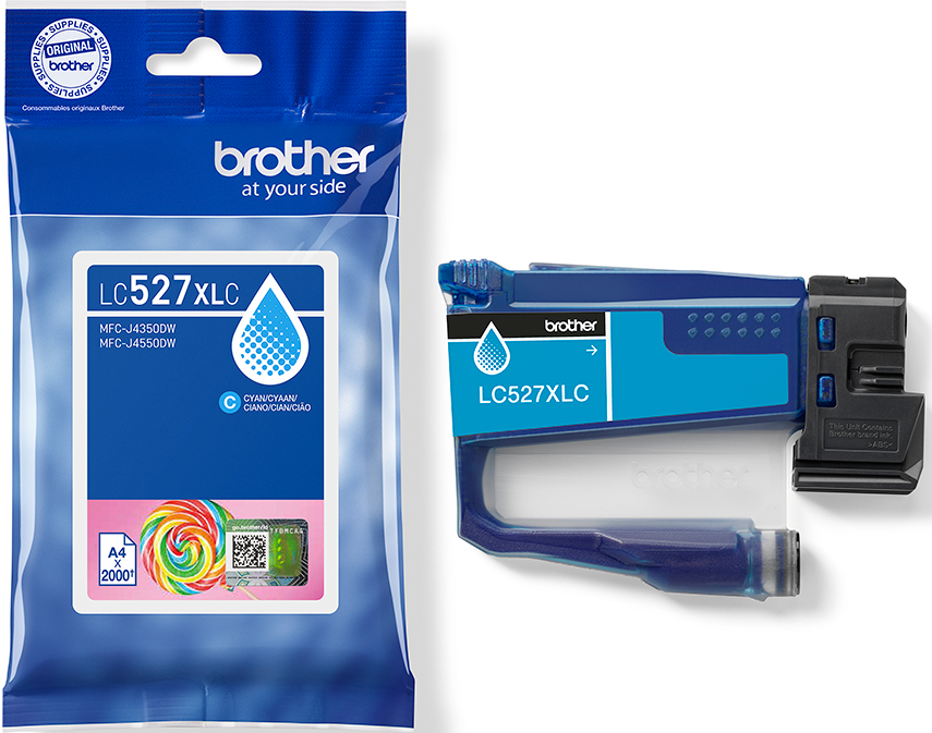 L'image montre une cartouche d'encre Brother et son emballage. La cartouche est bleue et l'emballage est bleu avec le logo Brother.