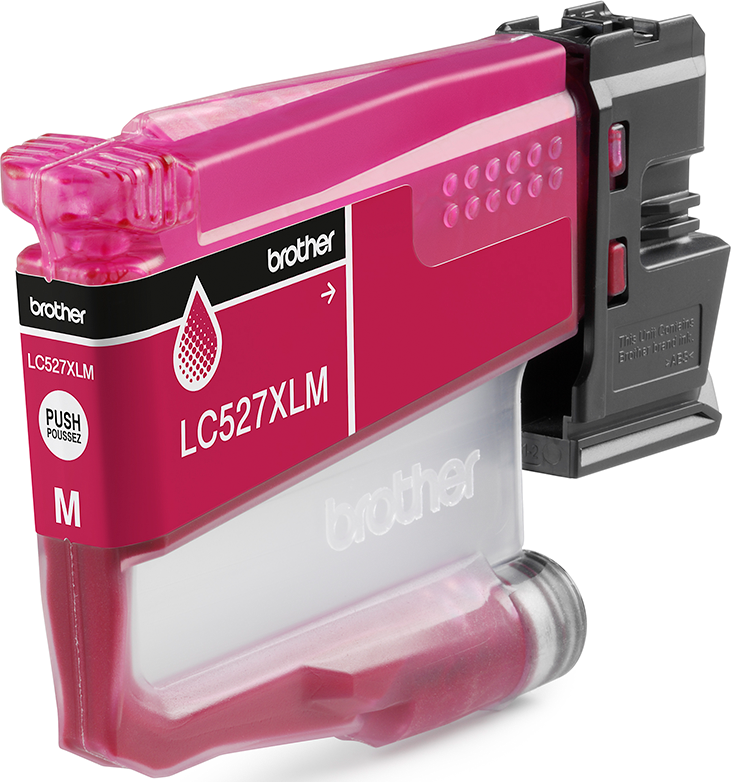 Cartouche d'encre magenta Brother LC527XLM. Elle a une partie inférieure en plastique transparent et une partie supérieure magenta.