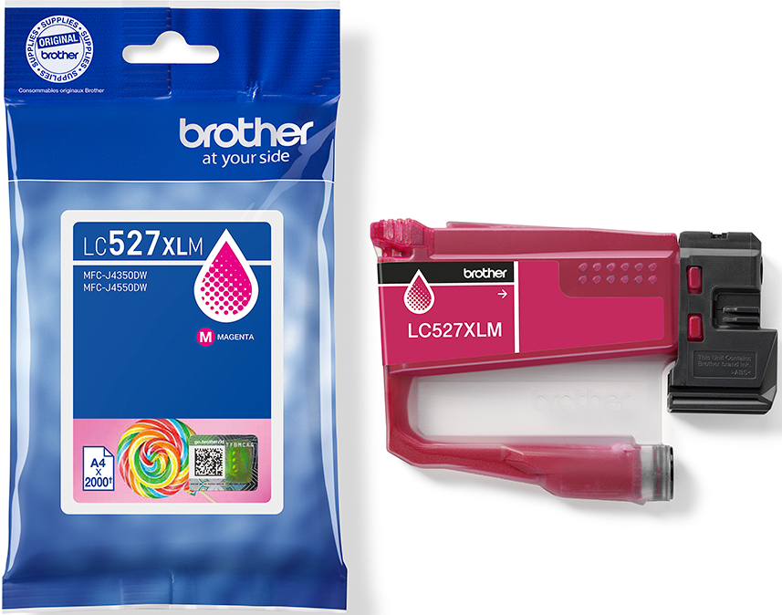 Une cartouche d'encre magenta Brother et son emballage sont présentés. L'emballage est bleu et la cartouche est magenta.