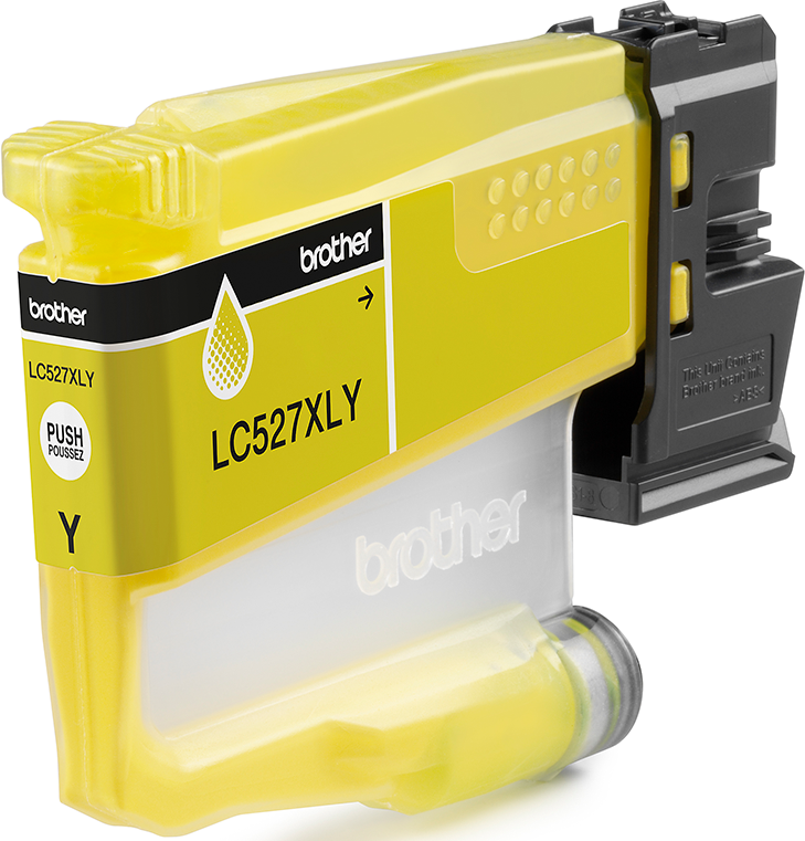 Une cartouche d'encre jaune Brother LC527XLY avec des étiquettes noires et blanches. La cartouche a une section transparente.
