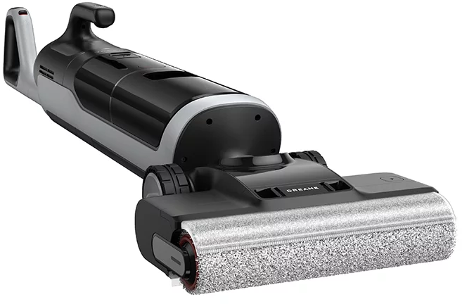 Ein schwarz-grauer Staubsauger mit einer Walzenbürste. Er hat einen Griff und einen gebogenen Körper. Die Marke "DREAME" ist sichtbar.